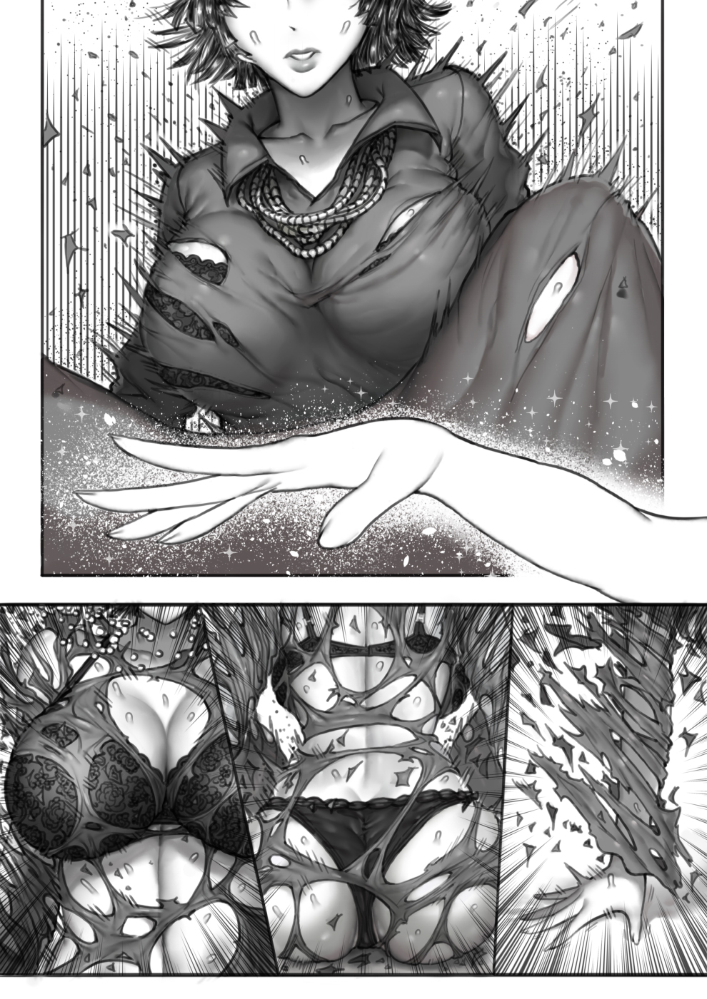 1girls, ass, back, black bra, black hair, black panties, bra, breasts, collarbone, comic, destroyed clothing, exploding clothes, female, from behind, fubuki (one-punch man), greyscale, head out of frame, highres, jewelry, large breasts, lipstick, makeup, monochrome, navel, necklace, one-punch man, outstretched hand, panties, parted lips, pearl necklace, sweat, sweatdrop, textless, thegoldensmurf, torn clothes, underwear