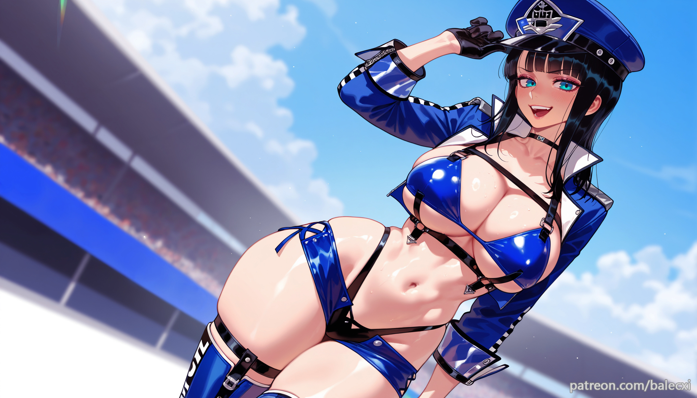 ai generated, balecxi, baltimore (finish line flagbearer) (azur lane) (cosplay), black gloves, black hair, blue bikini, blue eyes, blue headwear, breasts, choker, cleavage, female, female only, hat, highleg, jacket, large breasts, looking at viewer, micro shorts, mole, navel, nico robin, official alternate costume, one piece, open mouth, peaked cap, race queen, smile, solo, swimsuit