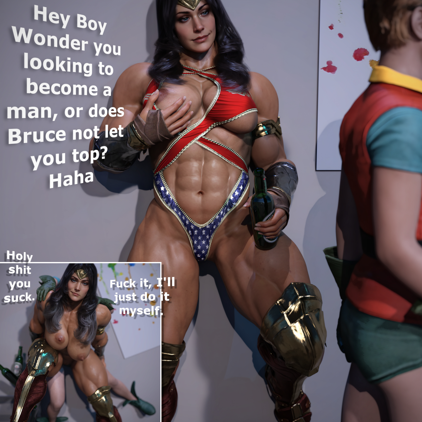 2 panel comic, 3d, abs, alcohol, alternate costume, alternate outfit, beer, bored, bored expression, bored sex, breasts, breasts out, dc, dc comics, diana prince, dick grayson, doggy style, dominant female, drinking, drunk, female, grabbing own breast, hdregrets, male, muscular, muscular female, one-piece swimsuit, robin (dc), robin (dick grayson), sex, swimsuit, text, wonder woman, wonder woman (series)