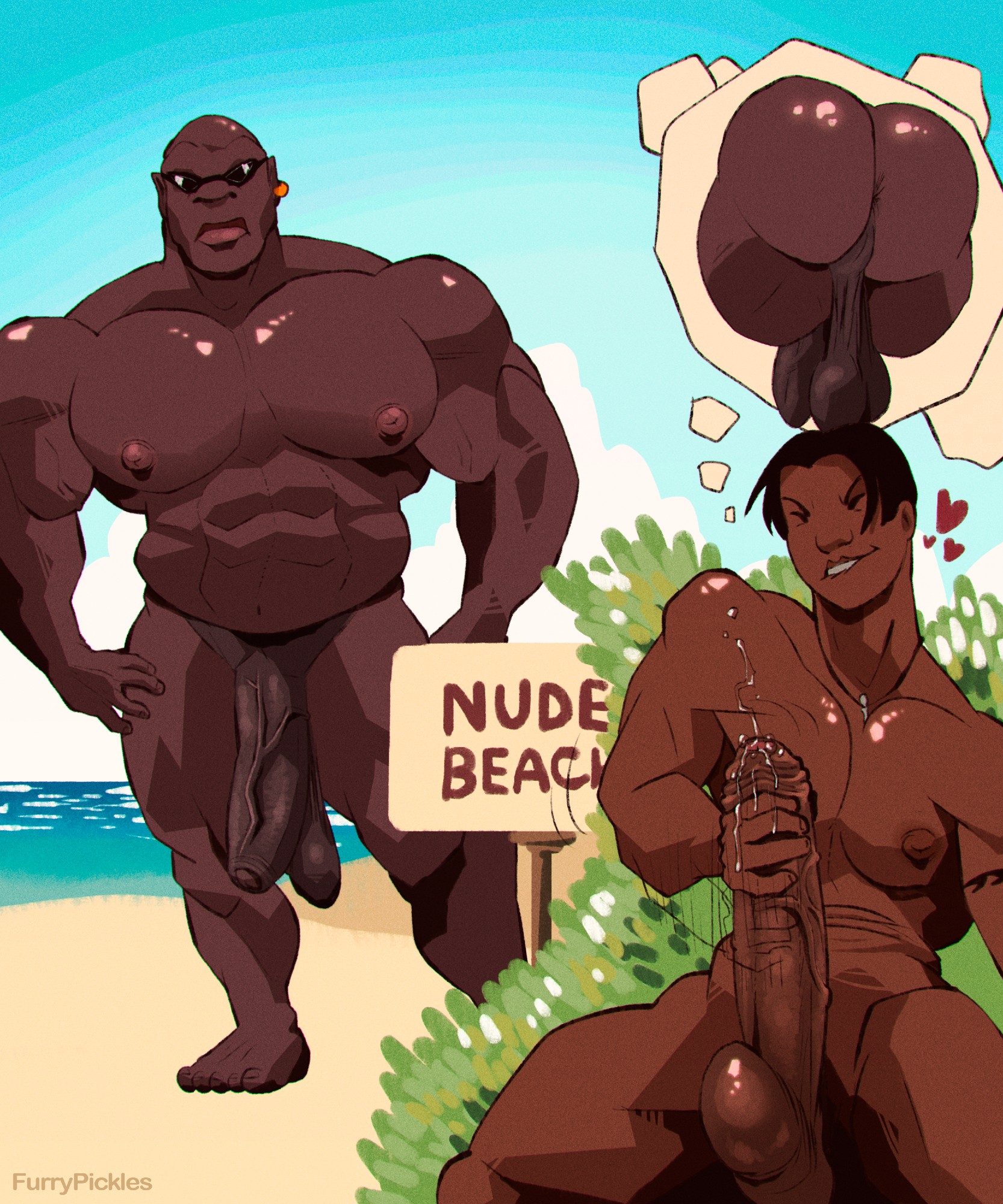 beach, big ass, big balls, big body, big muscles, big pecs, big penis, black male, black only, black skin, black skinned male, black sunglasses, brown skin, bush, caught in the act, caught masturbating, clouds, cobra bubbles, dark skin, dark-skinned male, david kawena, daytime, earring, erection, furrypickles, gay, gay male, glistening body, heart, imagining, jerking, jerking penis, lilo and stitch, long penis, male focus, male only, male/male, masturbating, masturbation, muscular, muscular male, nude beach, on sand, precum, sand, sea, sign, sky, sunglasses, thinking of someone else, vegetation