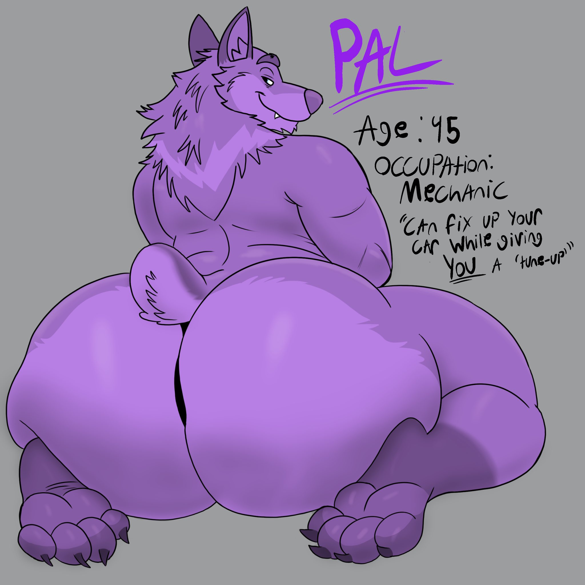 anthro, bare ass, barefoot, big ass, canid, canine, dilf, fangs, fox, furry, head tuft, huge ass, kneeling, male, male only, mature, mature male, nabb-kun, nude, nude male, older male, on knees, pal (nabb-kun), paws, purple fur, rear view, seductive look, short tail, smile, smiling at viewer
