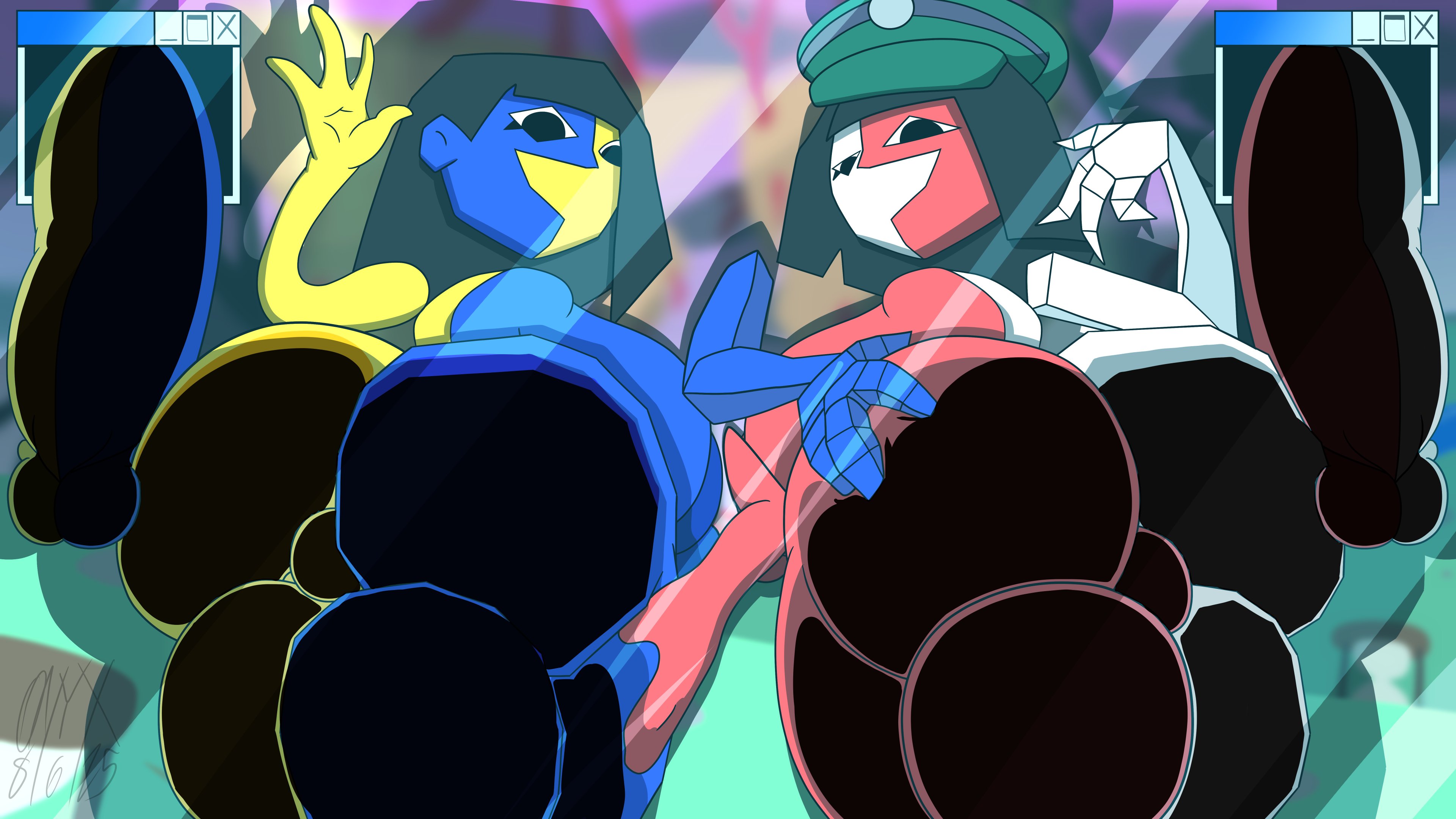 2d, 2d (artwork), 2futas, 2girls, against glass, alternate version at source, areola, areolae, artist signature, ass, ass against glass, ass squish, asymmetrical body, background, balls, big ass, big balls, big breasts, big butt, big penis, big thighs, blue skin, blurry background, breasts, butt against glass, butt squish, color, colored, commission, commission art, computer window, digital art, digital drawing, digital drawing (artwork), digital media, digital media (artwork), disembodied arm, disembodied arms, disembodied hands, disembodied limb, disembodied penis, dream bbq, ena, ena (dream bbq), ena (orginal), ena (series), female, futa focus, futa on futa, futa only, futa with futa, futanari, genitals, geometric shapes, green hat, grope, groping, groping ass, hair, half-erect, hat, huge balls, huge breasts, huge testicles, intersex, inviting, inviting viewer, looking at viewer, looking back, multicolored background, multicolored body, multicolored skin, multiple futa, naked, no clothes, nude, onyx twilight, outdoors, penis, presenting, presenting ass, presenting balls, presenting hindquarters, presenting to viewer, red skin, selfcest, shadow, simple background, smile, smiling, smiling at viewer, squished balls, taint, teasing, teasing viewer, testicles, thighs, video game background, video game character, video games, waving at viewer, white skin, yellow skin
