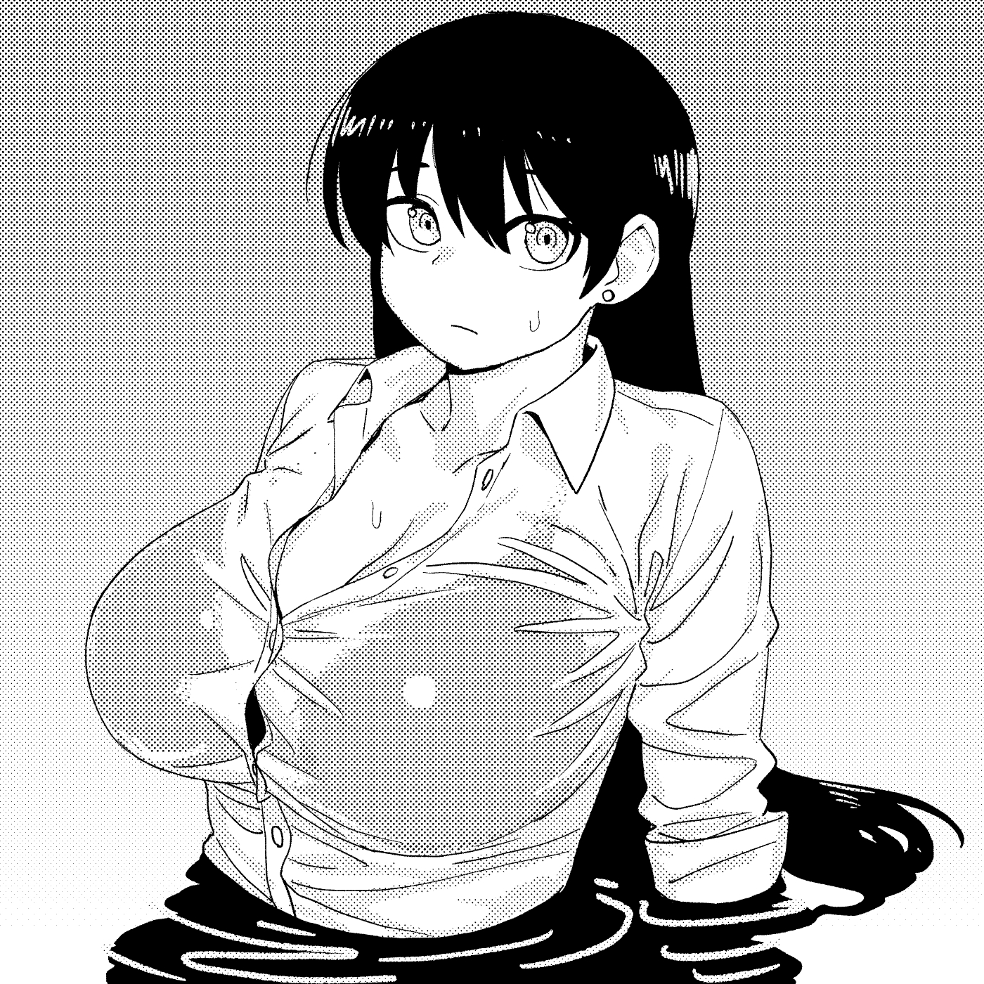 1girls, arato nagi, bra visible through clothes, breasts, button gap, cleavage, closed mouth, collared shirt, dress shirt, earrings, female, greyscale, highres, jewelry, large breasts, long hair, long sleeves, monochrome, onsen tamago (hs egg), partially submerged, partially unbuttoned, ruri no houseki, screentones, see-through clothes, see-through shirt, shirt, solo, wet, wet clothes, wet shirt