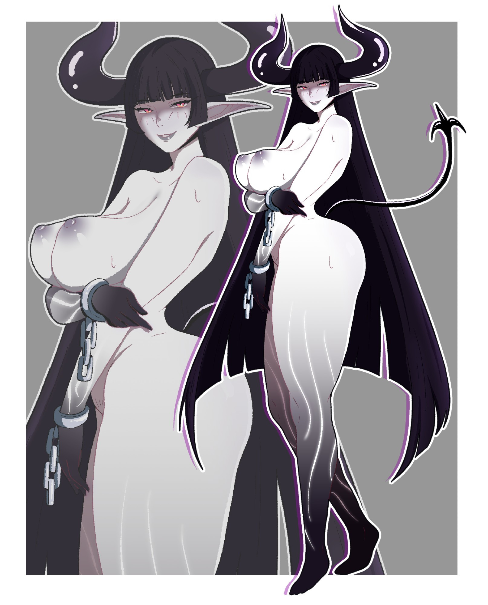 black hair, black hands, blush, breasts, celebelian, completely nude, covered navel, cuffs, demon girl, demon horns, demon tail, eyebrows hidden by hair, female, female only, full body, horns, large breasts, large ears, long hair, nipples, nude, oc, original, pointy ears, red eyes, shackles, shamshir (celebelian), smile, stomach, tail, very long hair