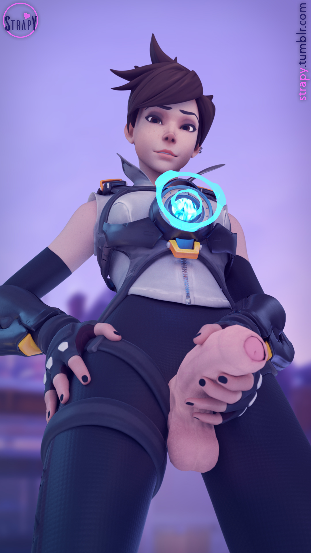 1futa, 3d, big penis, blender, dickgirl, futa only, futanari, intersex, overwatch, penis, short hair, solo, solo futa, strapy, taker pov, tracer, yellow eyes