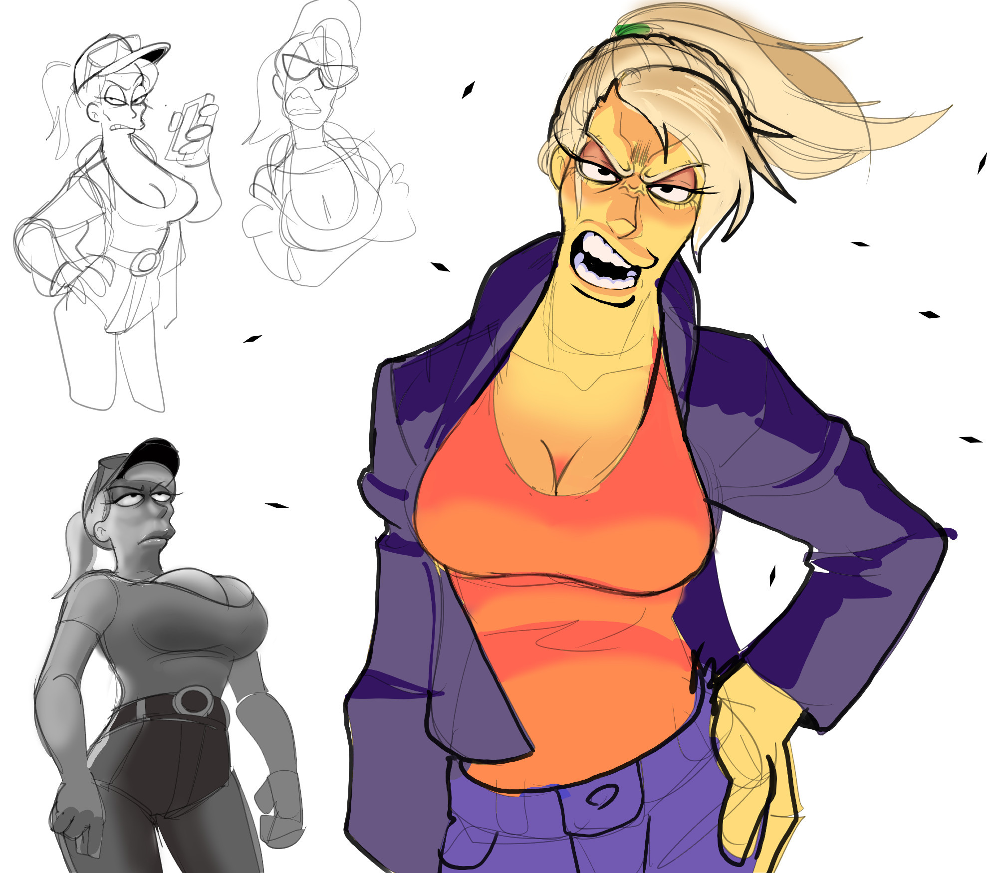 angry, angry face, blonde hair, breasts, cleavage, cleavage overflow, female, galactabee, gavin's mom, jacket, large breasts, monochrome, pants, ponytail, tank top, the simpsons, yellow skin