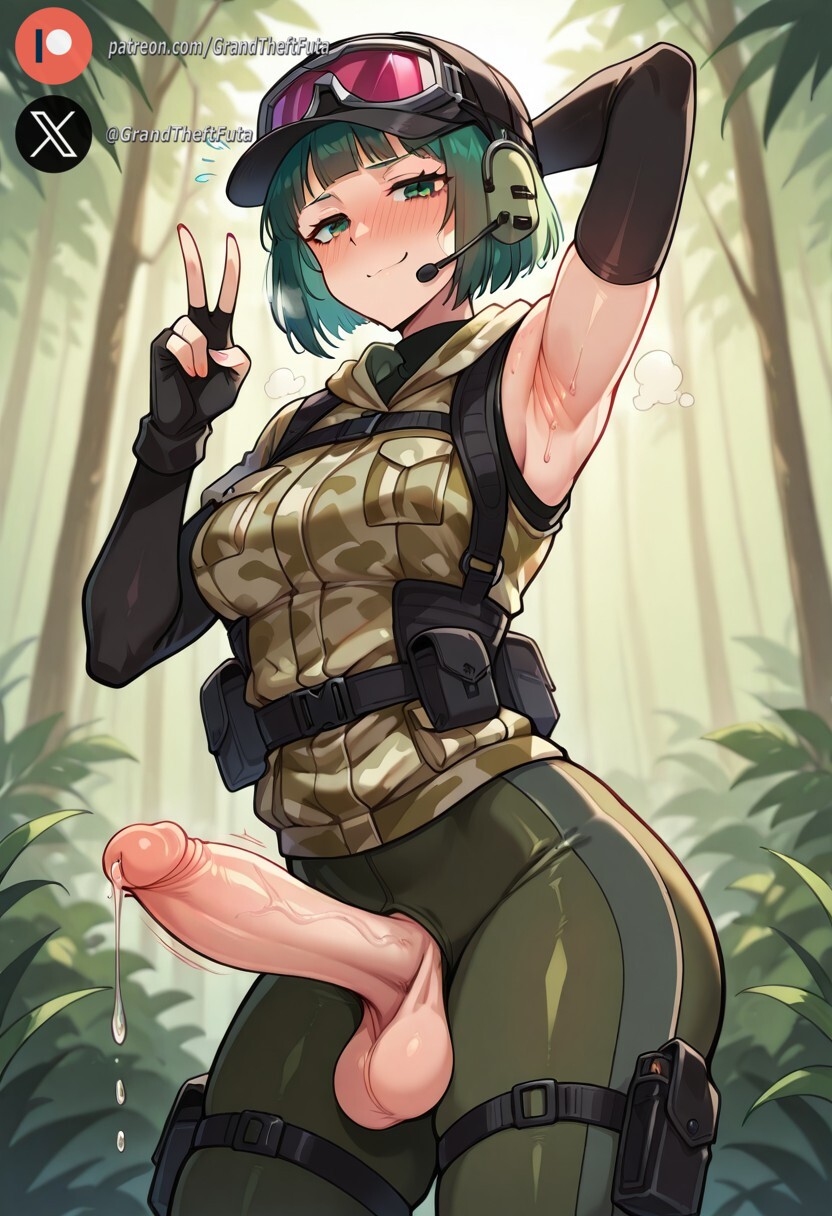 1futa, ai generated, balls, big penis, blush, clothing, cock, dickgirl, ela (rainbow six), futa only, futanari, green eyes, green hair, huge cock, indoors, intersex, light skin, light-skinned futa, looking at viewer, military, military uniform, penis, precum, rainbow six siege, roxygtf, short hair, smug, solo, standing, sweat, sweating, sweaty body