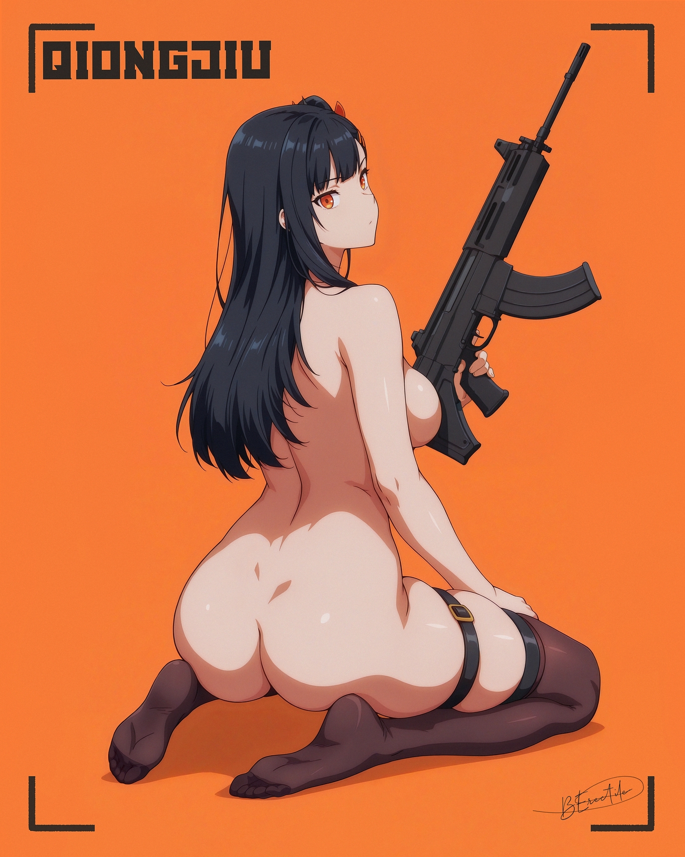 1girls, ass, ass focus, back view, big breasts, black hair, bottomless, breasts, bronzeerectile, buronjin, convenient censoring, dimples of venus, emotionless, female, female only, functionally nude, girls' frontline, girls' frontline 2: exilium, hair ornament, kneeling, large breasts, long hair, orange eyes, pinup, qbz-191, qbz-191 (girls' frontline), qiongjiu (girls' frontline 2), sideboob, soles, text, thighhighs, thighhighs only, topless