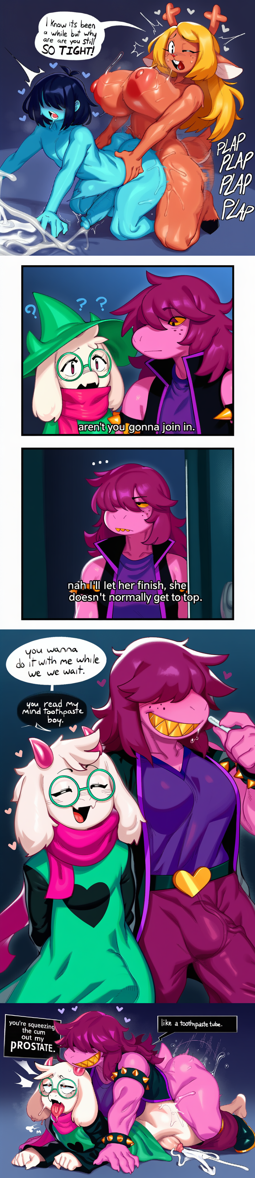 ai generated, anthro, blue skin, blush, bovid, caprine, clothing, cucumber king, deltarune, dialogue, fur, futa on male, futanari, gay, glasses, goat, group, hair, hands-free, hellsonger, intersex, kris (deltarune), male, mammal, noelle holiday, purple hair, ralsei, scalie, scarf, sex, sissy, smile, susie (deltarune), text, undertale (series), white fur