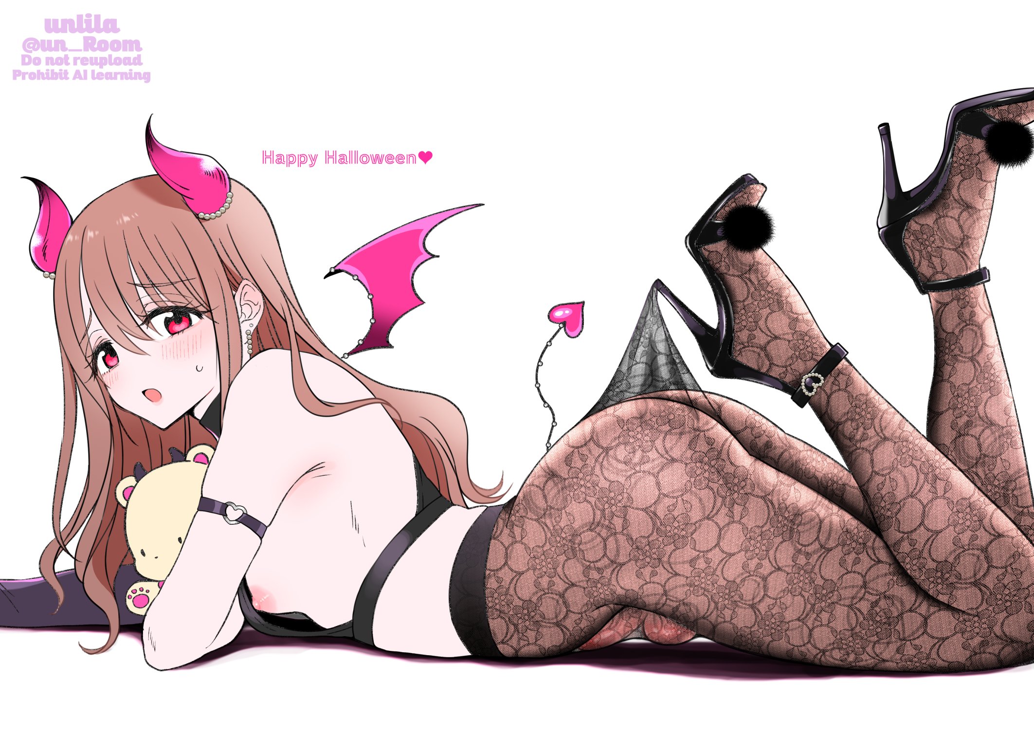 1boy, 2d, ass, balls, black bra, bra, brown hair, bulge, color, crossdressing, crossdressing (mtf), demon horns, demon tail, demon wings, femboy, femboy only, high heels, highres, horns, lace pantyhose, lace pantyhose hooked on heel (meme), looking at viewer, lying, male, male only, nagano rira, nipple slip, nipples, no panties, on stomach, open toe heels, open toe shoes, original, pantyhose, penis, penis peek, red eyes, see-through, solo, tail, testicle peek, testicles, trap, underwear, white background, wings