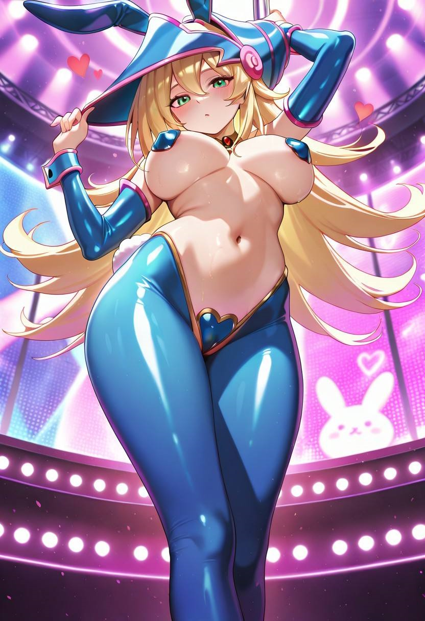 1girls, abdomen, ai generated, areolae, blair incognita, blonde hair, blue pasties, blush, bunny ears, bunnysuit, collar, dark magician girl, duel monster, female, female only, green eyes, heart, hi res, jewelry, konami, las delicias digitales de blair, latex, long hair, looking at viewer, looking down, low-angle view, magician, magician hat, navel, necktie, pasties, pole, pole dancing, solo, stomach, sweat, sweatdrop, teenage female, teenager, young, younger female, yu-gi-oh!