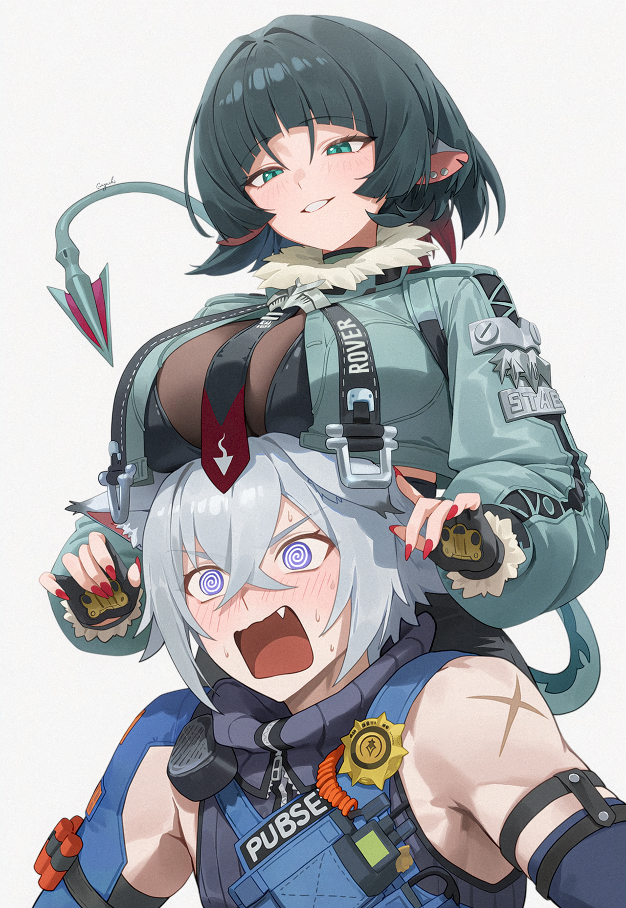 @ @, 1boy, 1girls, ai generated, anngurich, blush, blush lines, breasts, breasts on head, cat boy, cat ears, catboy, female, gayuchi, jane doe (zenless zone zero), light skin, light-skinned female, light-skinned male, male, police, policeman, rat, rat ears, rat girl, rat tail, seth lowell, short hair, short-haired female, short-haired male, white hair, white-haired male, zenless zone zero
