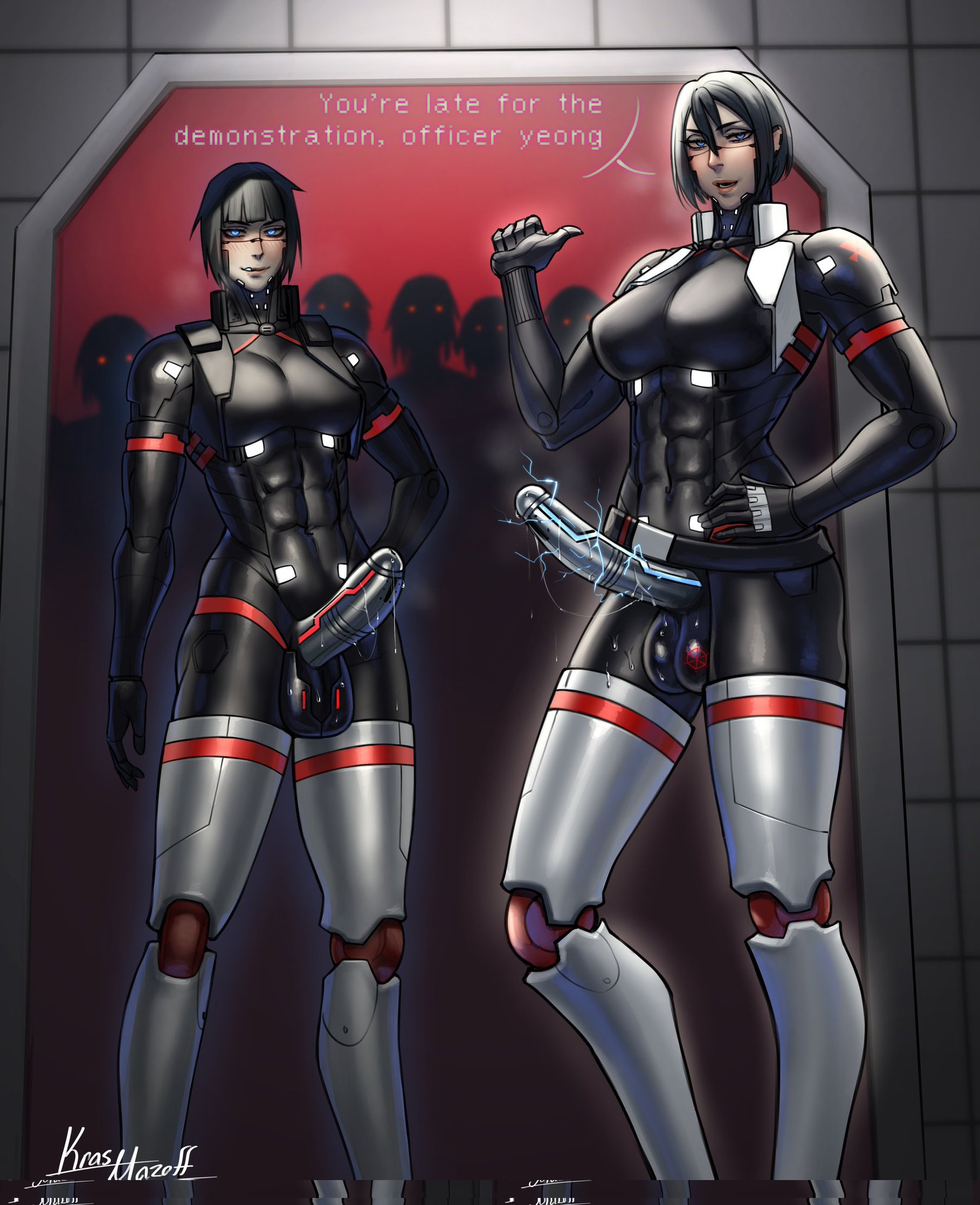 2futas, android, ariane yeong, black hair, blue eyes, female, futanari, intersex, krasmazoff, mechanical, muscular, muscular female, signalis, star (signalis), storch (signalis), tall female