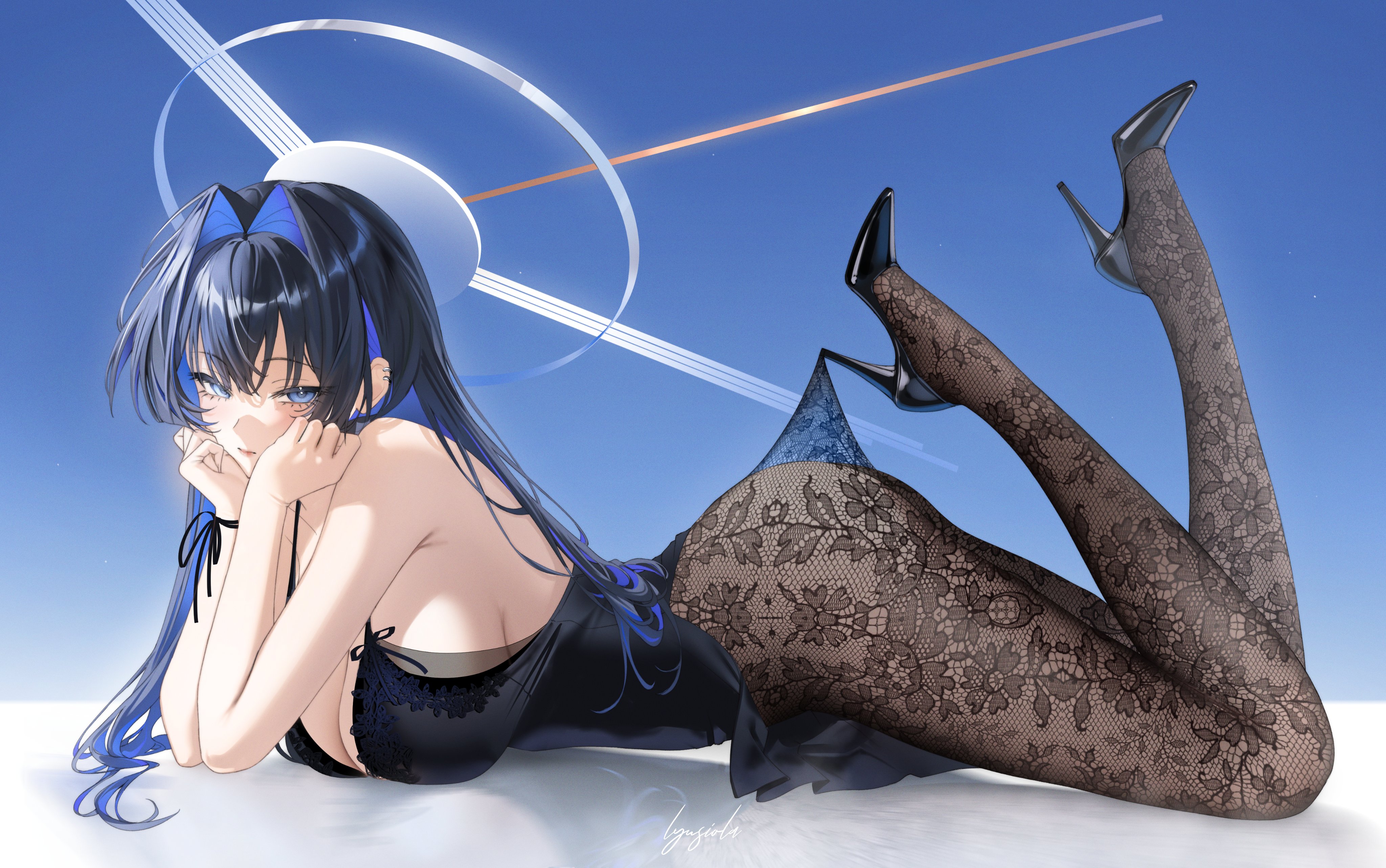 absurdres, black dress, black hair, black pantyhose, black shoes, blue eyes, blue hair, breasts, colored inner hair, commentary request, dress, feet up, female, floral print pantyhose, from side, full body, hair intakes, high heels, highres, hololive, hololive english, hololive english -council-, hololive english -promise-, hooked on heel, lace pantyhose, lace pantyhose hooked on heel (meme), large breasts, long hair, looking at viewer, lying, lyusiola, meme, multicolored hair, on stomach, ouro kronii, pantyhose, shoes, short dress, sideboob, sleeveless, sleeveless dress, solo, the pose, virtual youtuber