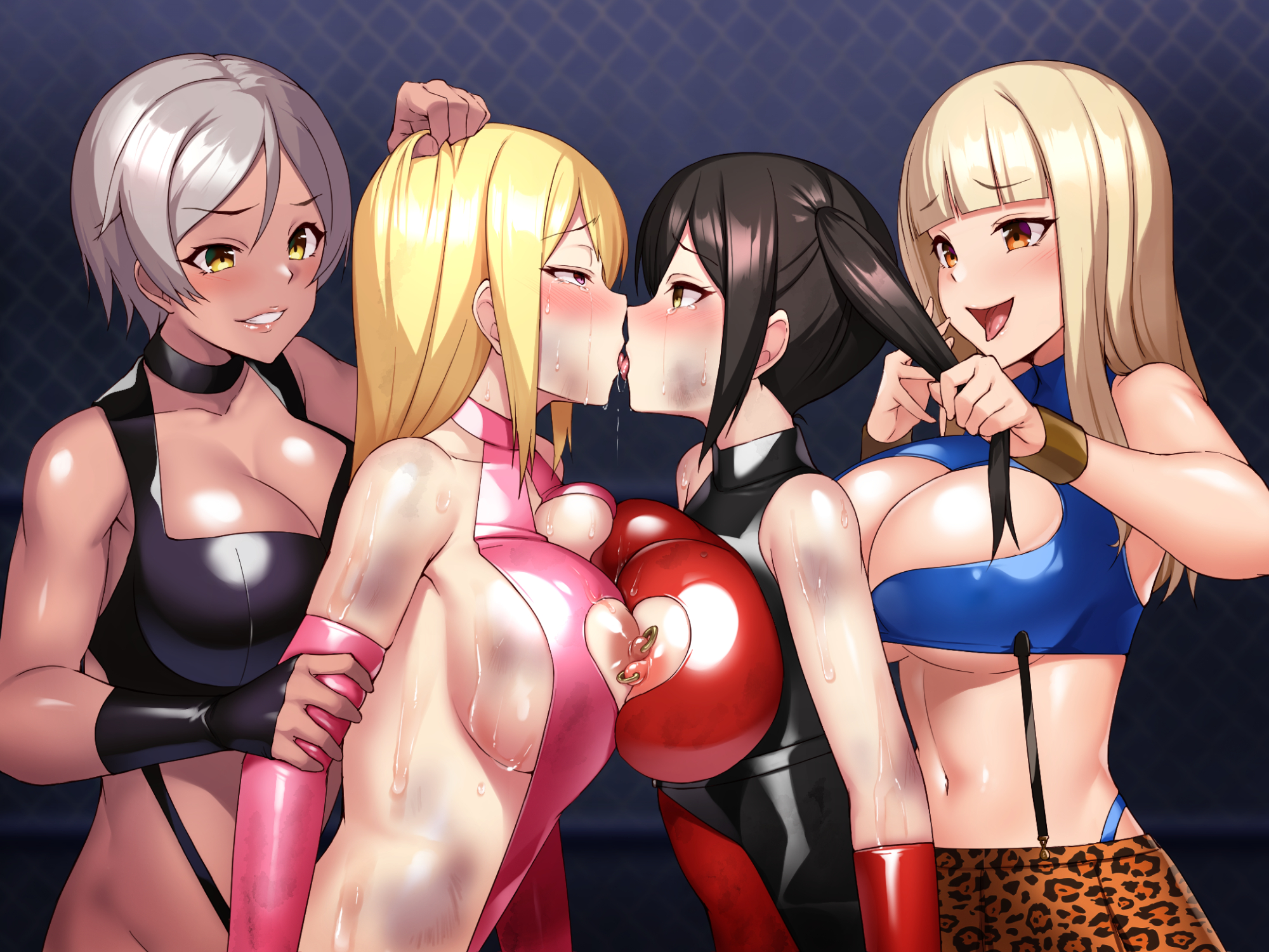 4girls, animal print, blonde hair, blunt bangs, breast press, breasts, brown hair, bruise, bruise on chest, catfight, cleavage, crop top, defeated, elbow gloves, female, femdom, femsub, forced kiss, forced partners, forced yuri, french kiss, gloves, grabbing another's hair, grey hair, grin, highres, holding another's hair, huge breasts, injury, kaeru no uta, kissing, large breasts, leopard print, multiple females, multiple girls, nipple cutout, nipple piercing, nipples, orange eyes, original, piercing, saliva, short hair, sideboob, smile, sweat, symmetrical docking, thong straps, yellow eyes, yuri