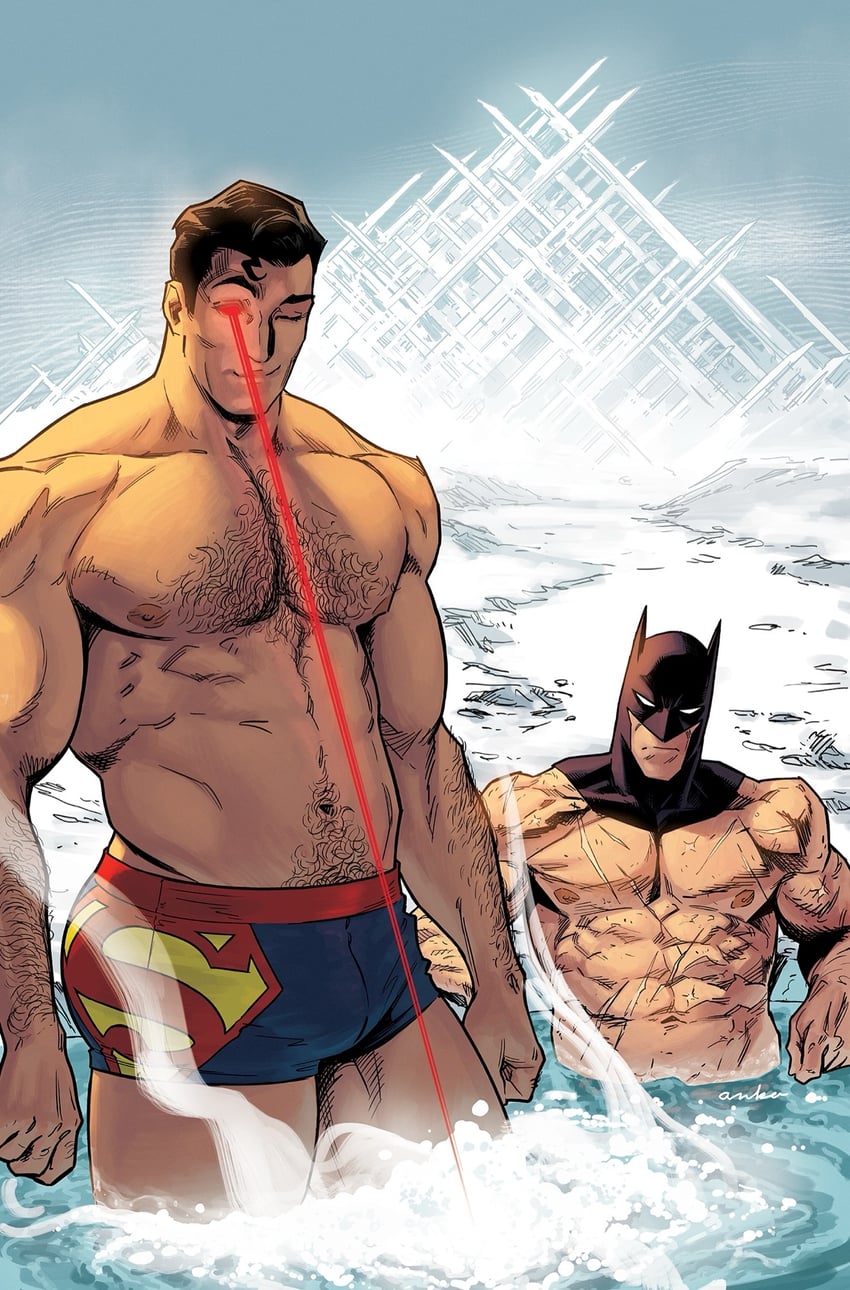 2boys, abs, alternate costume, bath, bathing, bathing together, batman, batman (bruce wayne), batman (series), big chest, bruce wayne, chest, chest hair, clark kent, comic, comic book, comic book character, comic book cover, comics, cover, dc, dc comics, detective comics, fortress of solitude, happy trail, heat vision, heating, homoerotic, huge chest, huge pectorals, kris anka, male, male only, male swimwear, mask, masked, masked male, muscular, muscular chest, muscular male, nipples, non nude, official art, partially clothed, partially submerged, pectorals, pubic hair, scars, scars all over, scars on body, scars on chest, short hair, snow, superhero, superman, superman (clark kent), superman (series), superman logo, superpowers, swimwear, underwear, water, yaoi