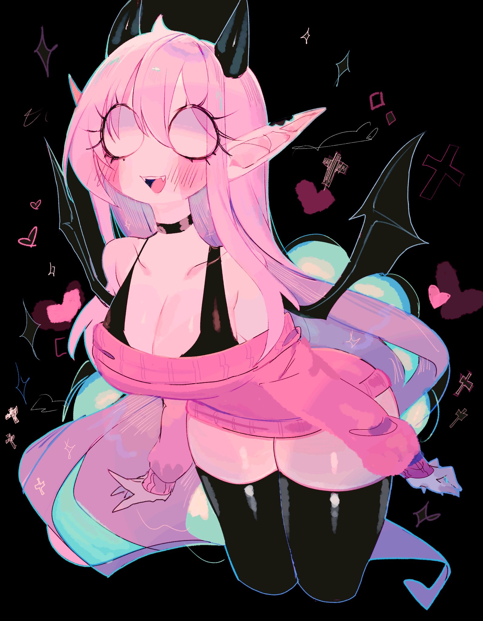 1girls, black background, black bra, bra, clothed female, collar, female, friday night funkin, friday night funkin mod, horns, mid-fight masses, pink body, pink hair, pink skin, pointy ears, sarvente (dokki.doodlez), solo, solo female, sweater, thick thighs, thighhighs, thighs, usa37107692, wings