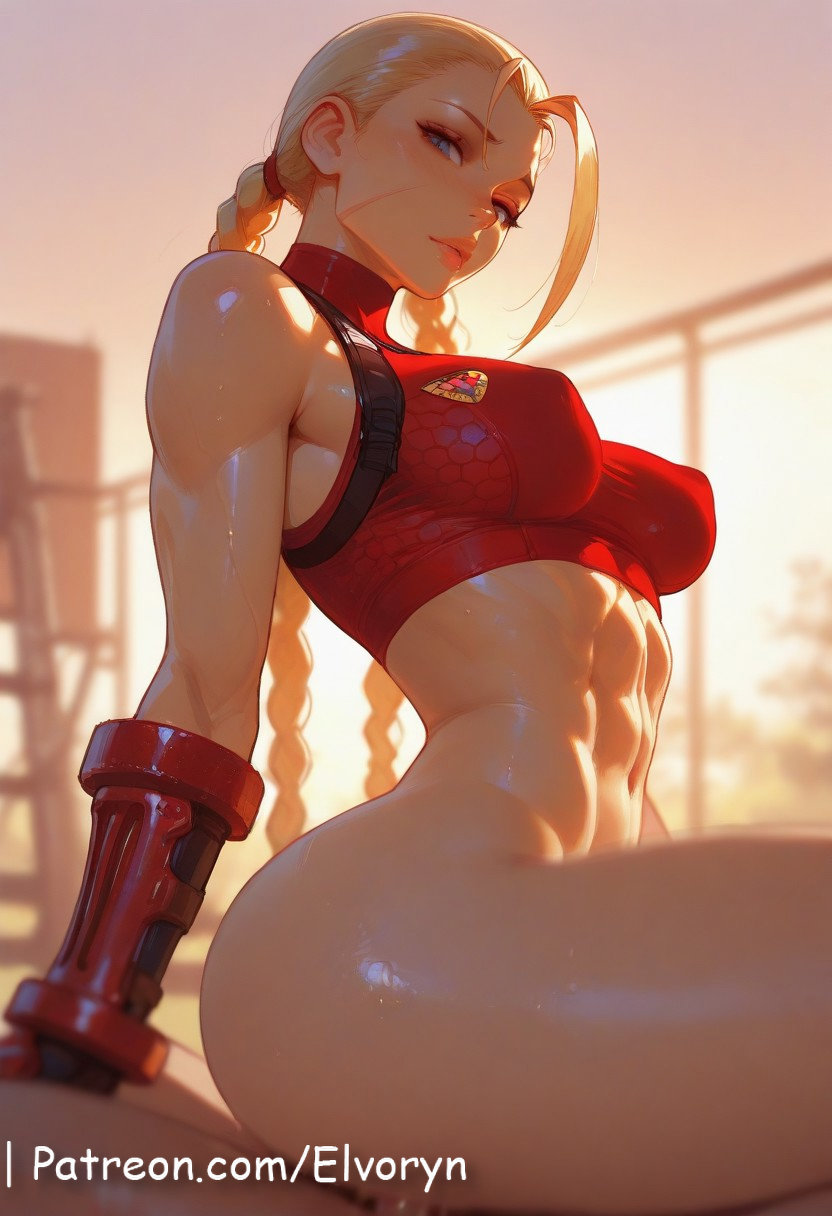 1boy, 1girls, abs, ai generated, alternate version at source, ass, big ass, big breast, blonde hair, bottomless, braid, braided hair, braided twintails, breasts, cammy white, capcom, cowgirl position, cum, cum inside, elvoryn, erection, eyes close, female, female on top, hair grab, long hair, male, penetration, penis, riding, sex, sports bra, street fighter, twintails
