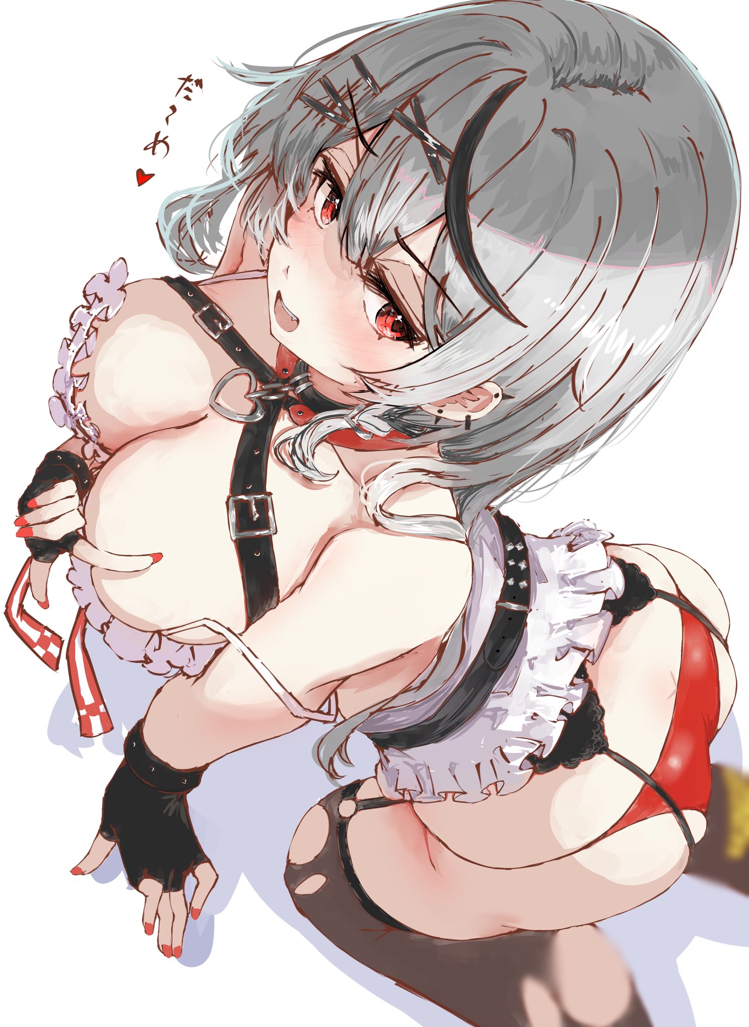 1girls, ass, bare shoulders, black gloves, breasts, cleavage, eyelashes, female, fingerless gloves, from above, gloves, grey hair, heart, highres, hololive, hololive japan, holox, kneeling, large breasts, long hair, panties, red eyes, red panties, sakamata chloe, single off shoulder, solo, tazrn1, translation request, underwear, virtual youtuber