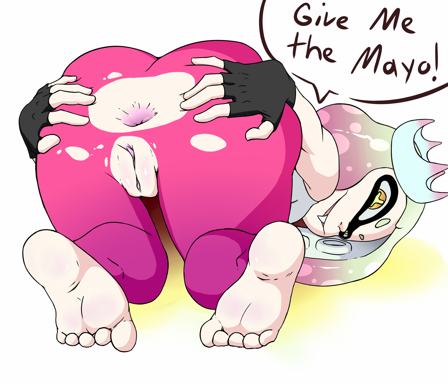 anus, ass, barefoot, drewsher, feet, female, female only, looking at viewer, looking back, pearl (splatoon), pussy, soles, solo, speech bubble, splatoon, spread anus, spread ass, text, toes