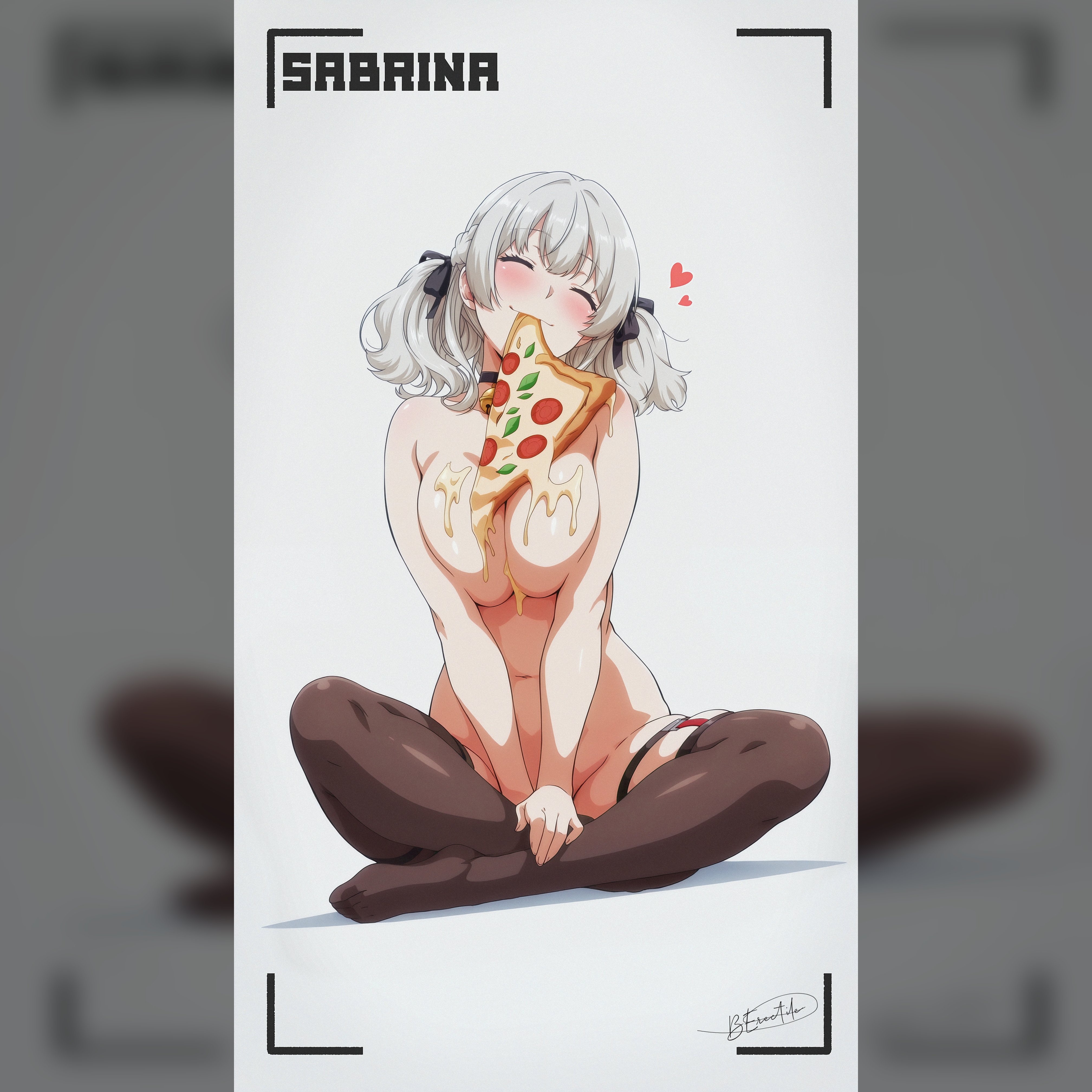 1girls, bell choker, big breasts, blush, bottomless, breast squeeze, breasts, bronzeerectile, buronjin, closed eyes, convenient censoring, female, female only, functionally nude, girls' frontline, girls' frontline 2: exilium, hair ribbon, happy, heart, large breasts, navel, pinup, pizza, sabrina (girls' frontline 2), spas-12 (girls' frontline), text, thighhighs, thighhighs only, topless, white hair