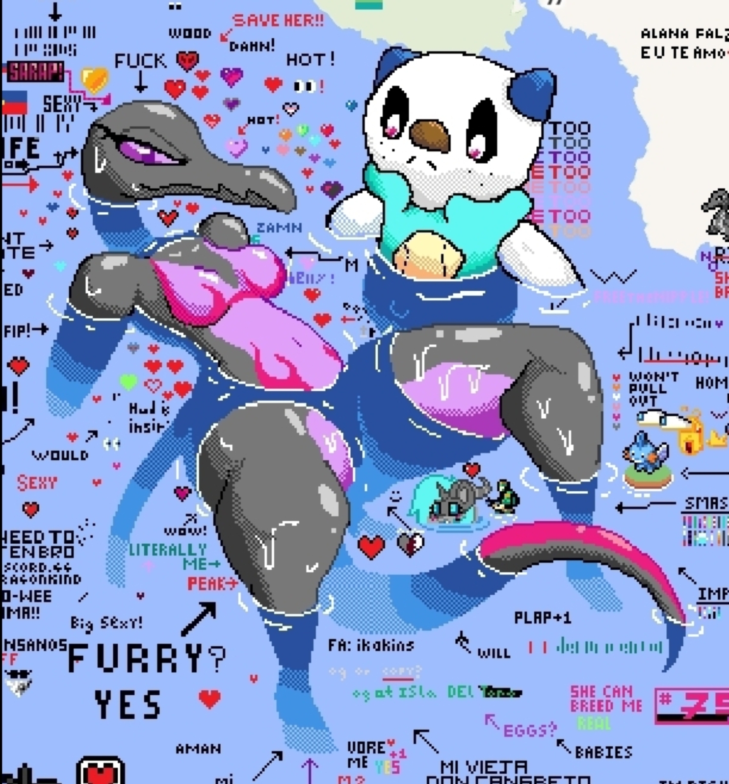 boobs, breasts, female, furry, generation 5 pokemon, generation 7 pokemon, humanoid, nintendo, not ai generated, not human, oshawott, partially submerged, pixel art, pokemon, pokemon (species), salazzle, seductive, seductive eyes, seductive look, seductive smile, wplace