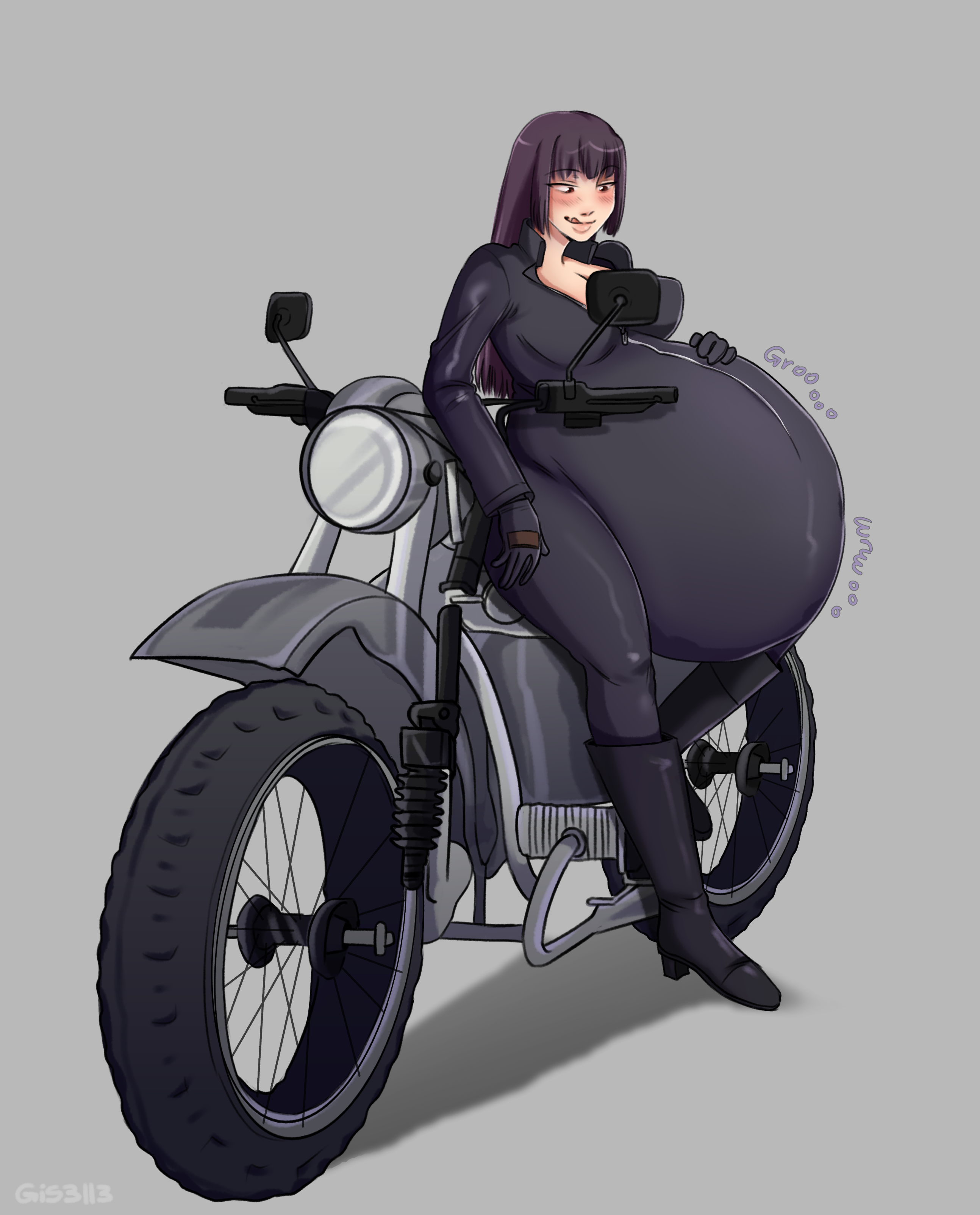 1boy, 1girls, belly, belly expansion, big belly, big breasts, bike, biker girl, black hair, breasts, cleavage, digestion, female, female pred, gis3ll3, hyper, hyper belly, licking lips, male, male prey, motorcycle, oral vore, please don't bully me, nagatoro, president (nagatoro), same size vore, sana sunomiya, smile, thick thighs, vore, vore belly, willing prey