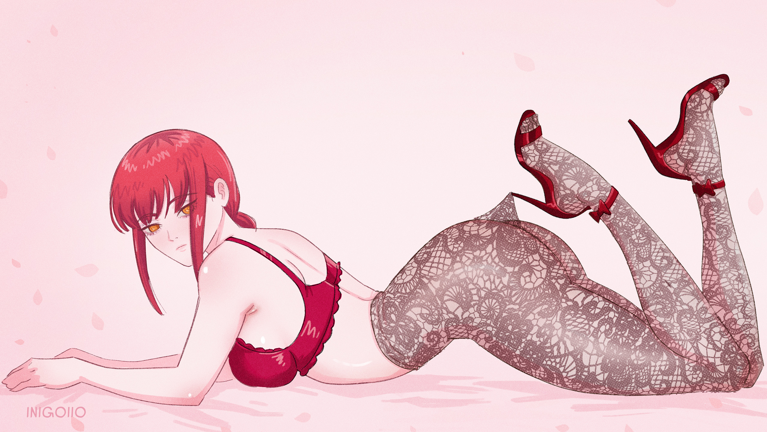 alternate costume, alternate version available, artist name, ass, bra, breasts, chainsaw man, female, high heels, highres, hooked on heel, inigoiio, lace pantyhose, lace pantyhose hooked on heel (meme), large breasts, makima (chainsaw man), meme, pantyhose, red bra, red hair, ringed eyes, sidelocks, solo, underwear