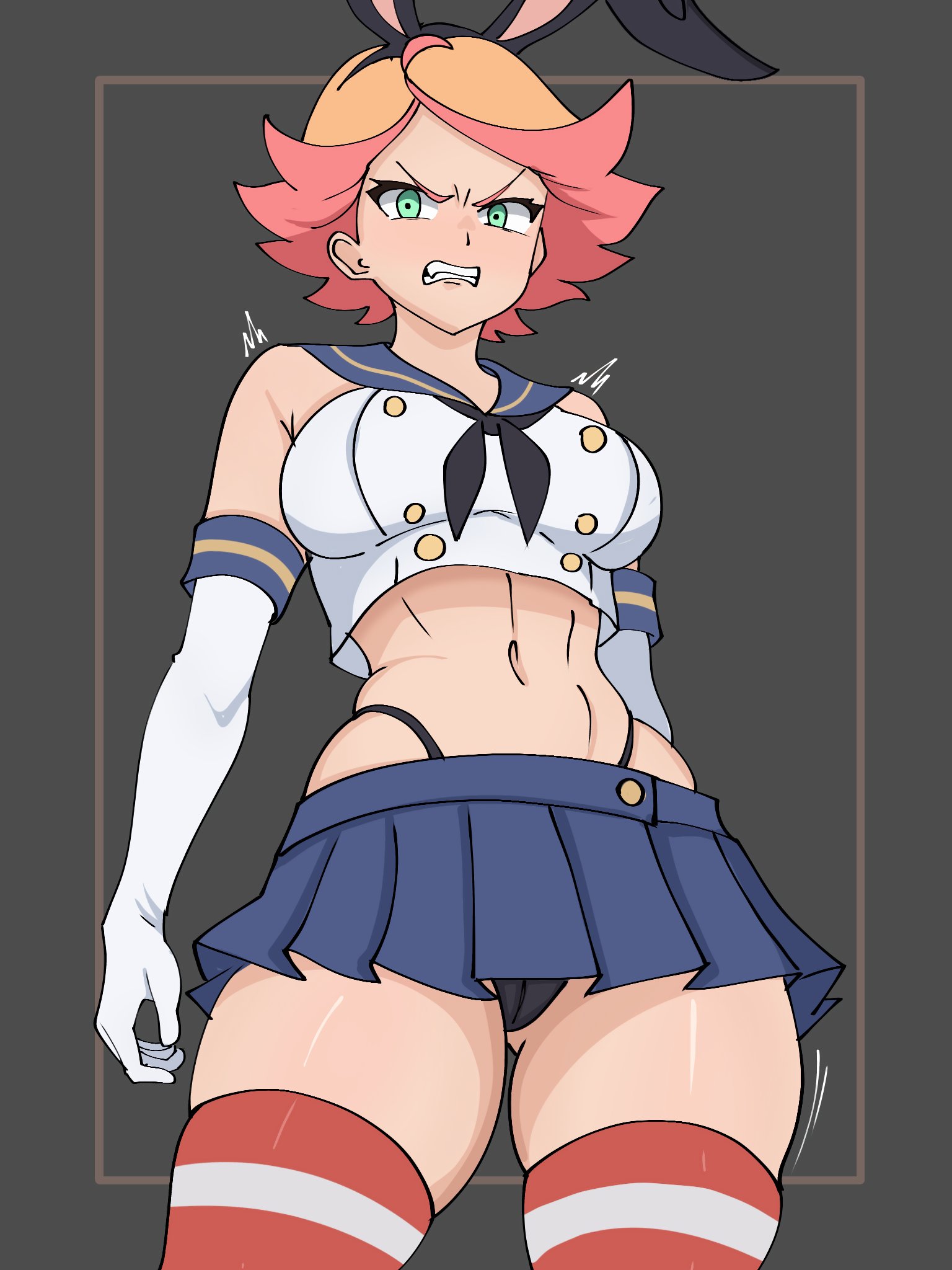 1girls, 2024, amanda o'neill, angry, black panties, bunny ears headband, clenched teeth, crop top, elbow gloves, female, gloves, green eyes, headband, highleg panties, kantai collection, little witch academia, medium hair, microskirt, miniskirt, navel, panties, ryukman, shimakaze (kantai collection) (cosplay), skindentation, skirt, standing, tagme, thighhighs, thighs, trembling, two-tone hair