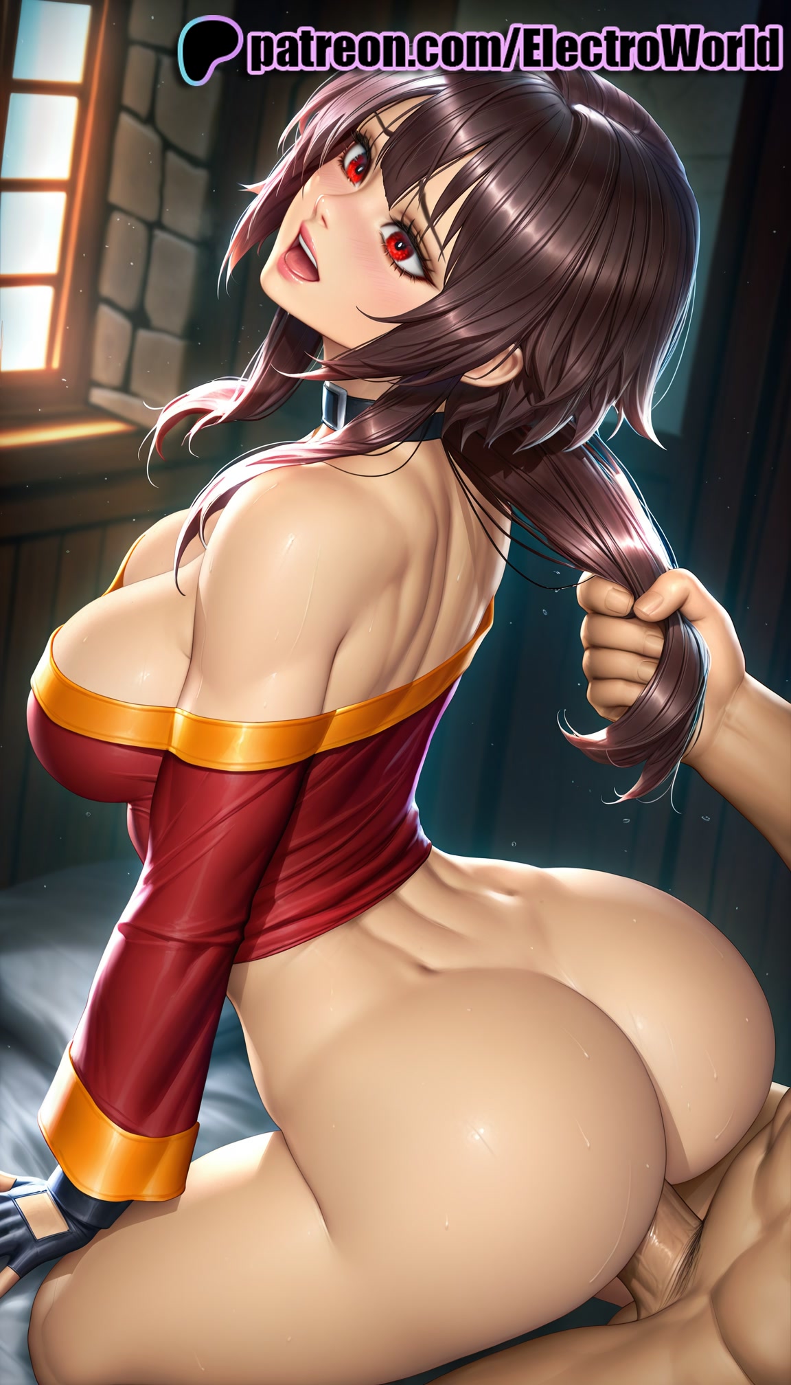1boy, 1girls, 2025, ai generated, artist name, bangs, bare shoulders, big breasts, big chest, blush, breasts, brown hair, bust, busty, chest, cleavage, cock, dick, dress, electroworld, female, fucking, grabbing another's hair, hi res, high quality, high resolution, highres, intercourse, kono subarashii sekai ni shukufuku wo!, large breasts, long hair, love making, male, megumin, open mouth, patreon, patreon username, penetration, penis, red eyes, sex, sex from behind, sexual intercourse, solo focus, stable diffusion, straight, watermark