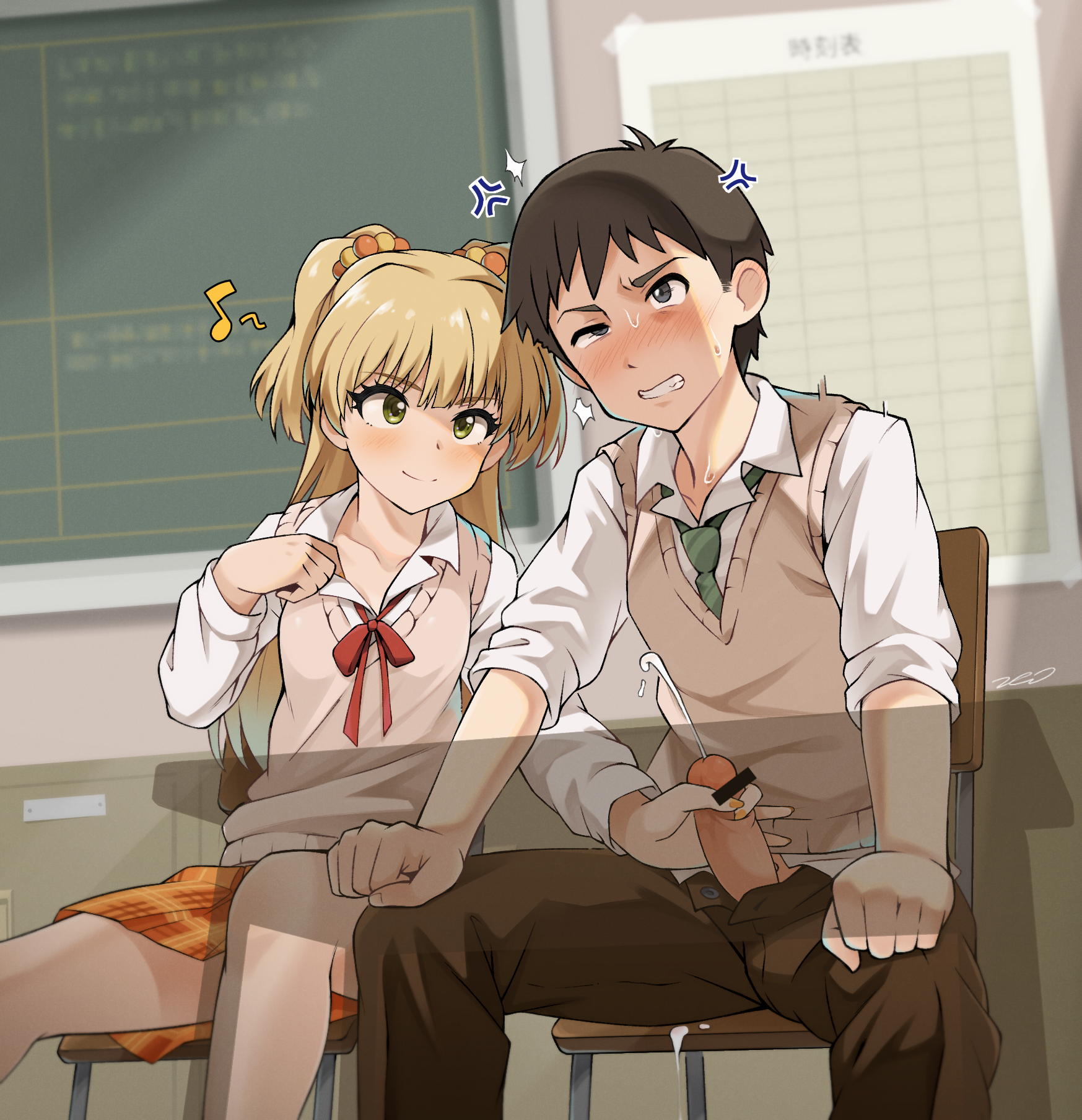 1boy, blonde hair, blush, bow, censored, classroom, cum, erection, female, green eyes, hair ornament, handjob, highres, idolmaster, idolmaster cinderella girls, indoors, jougasaki rika, kim da-yoon, kodomo doushi, male, pants, penis, projectile cum, school uniform, short hair, sitting, skirt, smile, stealth handjob, stealth sex, straight, sweat, transparent, two side up, yellow eyes