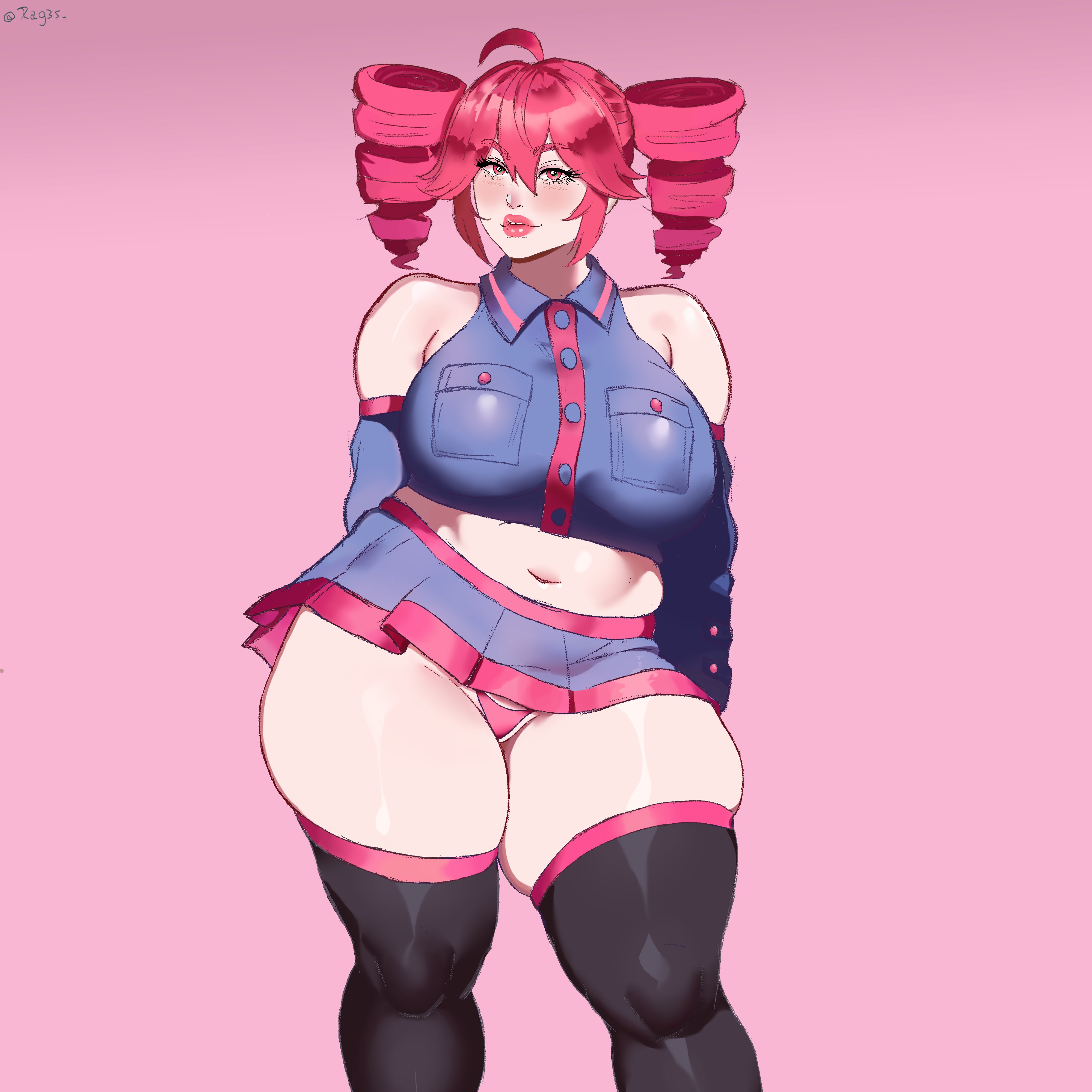 1girls, 2d, 2d (artwork), absolute territory, ahoge, belly, big breasts, big thighs, bimbo, blush, breasts, chubby, chubby female, clothed, clothed female, clothing, crop top, curvaceous, curvy, curvy female, curvy figure, detached sleeves, eyelashes, fat ass, fat female, fat thighs, fatass teto, female, female only, fully clothed, huge breasts, huge thighs, ineffective clothing, ineffective skirt, kasane teto, large breasts, large thighs, lips, lipstick, long eyelashes, love handles, makeup, microskirt, miniskirt, navel, panties, panty peek, pantyshot, pink background, plump, plump breasts, plump lips, plump thighs, rag3s, red eyes, red hair, simple background, skindentation, skirt, solo, solo female, teeth gap, thick thighs, thighhighs, thighs, thong, thunder thighs, twin drills, utau, voluptuous, voluptuous female, wide hips