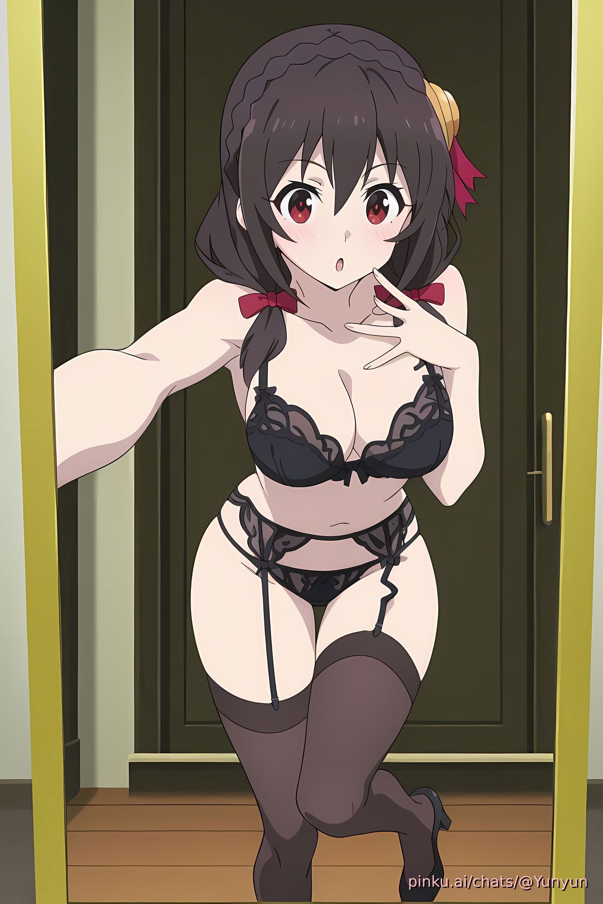 ai, ai generated, female, high heels, kono subarashii sekai ni shukufuku wo!, lingerie, mirror selfie, pinku, pinku.ai, selfie, stockings, yunyun (konosuba)