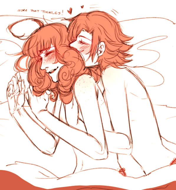 2girls bed blush cuddling duo female female_only multiple_girls nora_valkyrie nude penny_polendina rwby wholesome yatayo yuri