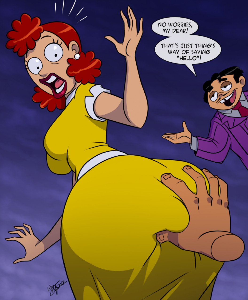 aeolus06, ass, ass focus, ass grab, butt focus, butt grab, female, gomez addams, hand on ass, hand on butt, normina normanmeyer, red hair, red lipstick, redhead female, scared, scared expression, shocked, shocked expression, the addams family, thing (addams family), yellow dress