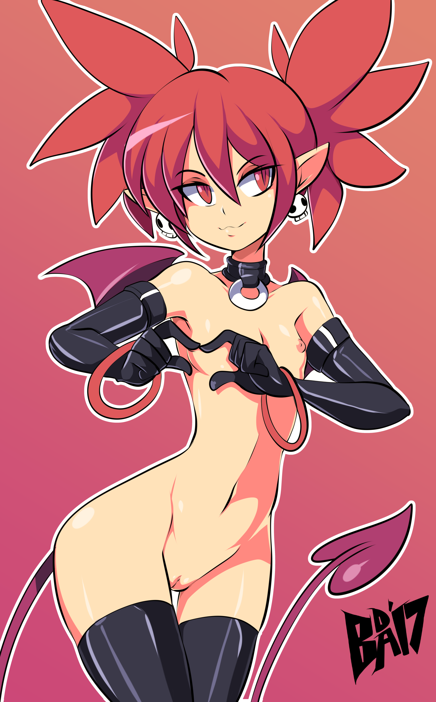 1girls, absurdres, areolae, bigdeadalive, breasts, demon tail, demon wings, disgaea, disgaea 1, elbow gloves, etna, female, female only, flat chest, gloves, highres, nipples, nippon ichi software, pointy ears, pussy, red eyes, red hair, solo, tail, thighhighs