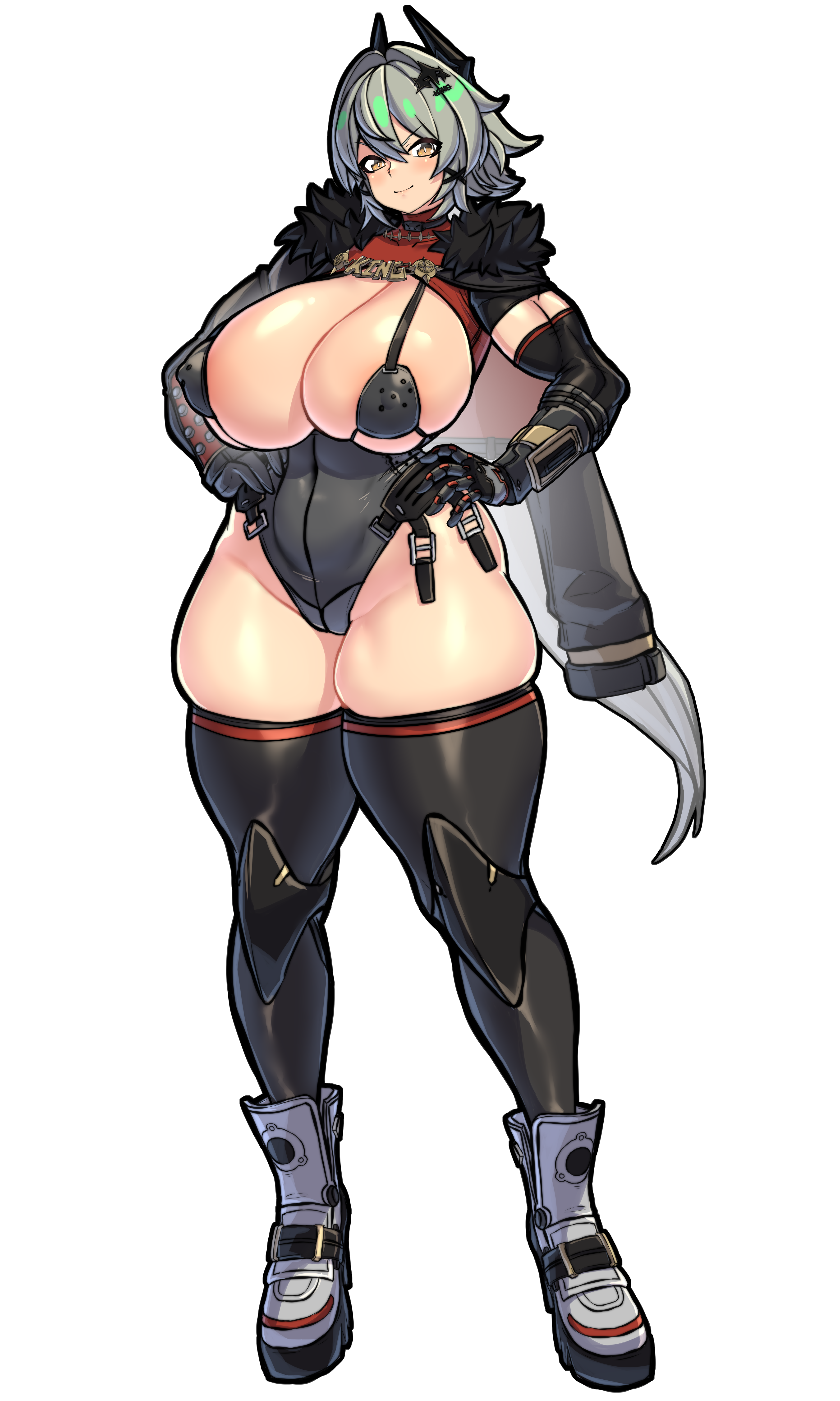 1girls, blush, boots, bra, breasts, busty, caesar king, cameltoe, cleavage, female, female only, full body, gloves, green hair, hair between eyes, hair ornament, hand on hip, high heel boots, huge breasts, jacket on shoulders, leotard, light skin, light-skinned female, looking at viewer, mold001, muscular, muscular arms, navel visible through clothes, nipple bulge, pussy, short hair, skindentation, smile, solo, thick thighs, thighhighs, toned, yellow eyes, zenless zone zero