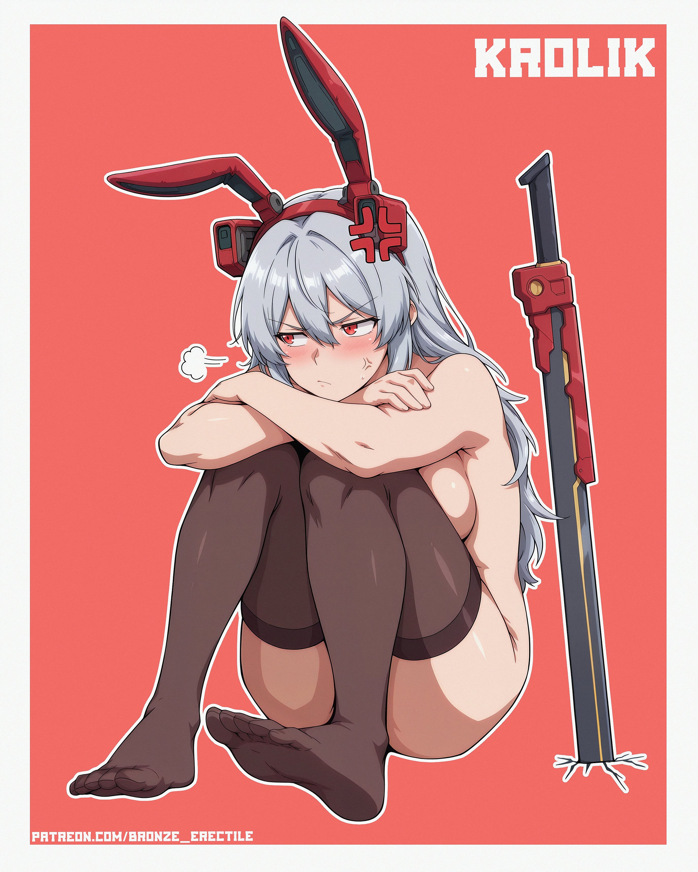 1girls, anger vein, annoyed, annoyed expression, ass, blush, bottomless, breasts, bronzeerectile, buronjin, convenient censoring, crossed arms, fake animal ears, female, female only, functionally nude, girls' frontline, girls' frontline 2: exilium, grey body, hairband, krolik (girls' frontline 2), long hair, pinup, rabbit ears, red eyes, sideboob, sitting, soles, sweatdrop, sword, text, thighhighs, thighhighs only, topless