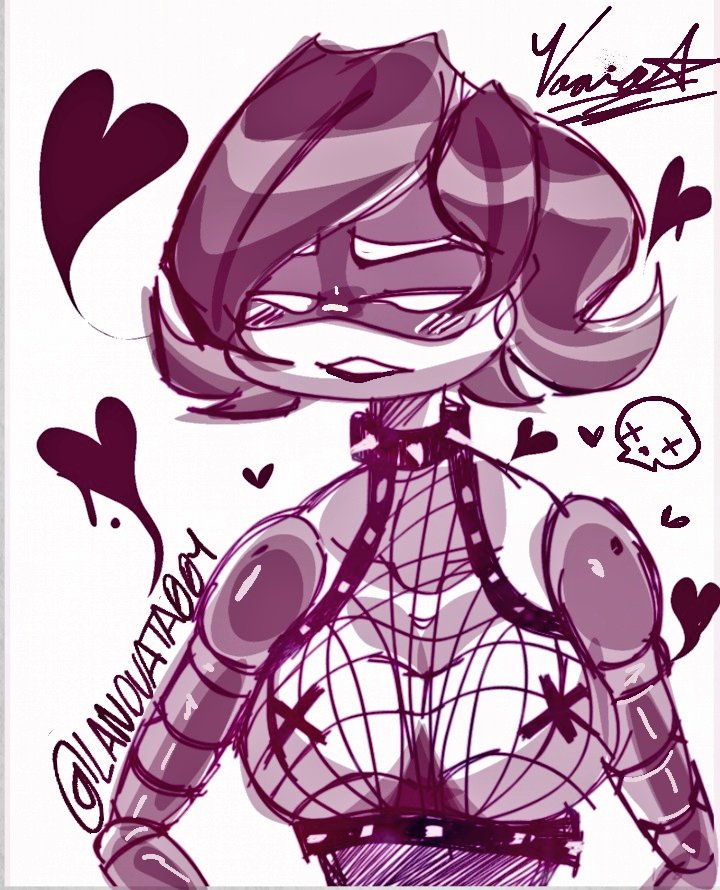 bedroom eyes, blush lines, breasts, female, female only, glitch productions, heart, lanovata001, looking at viewer, medium breasts, murder drones, neck length hair, robot, robot girl, spiked choker, tagme, uzi (murder drones)