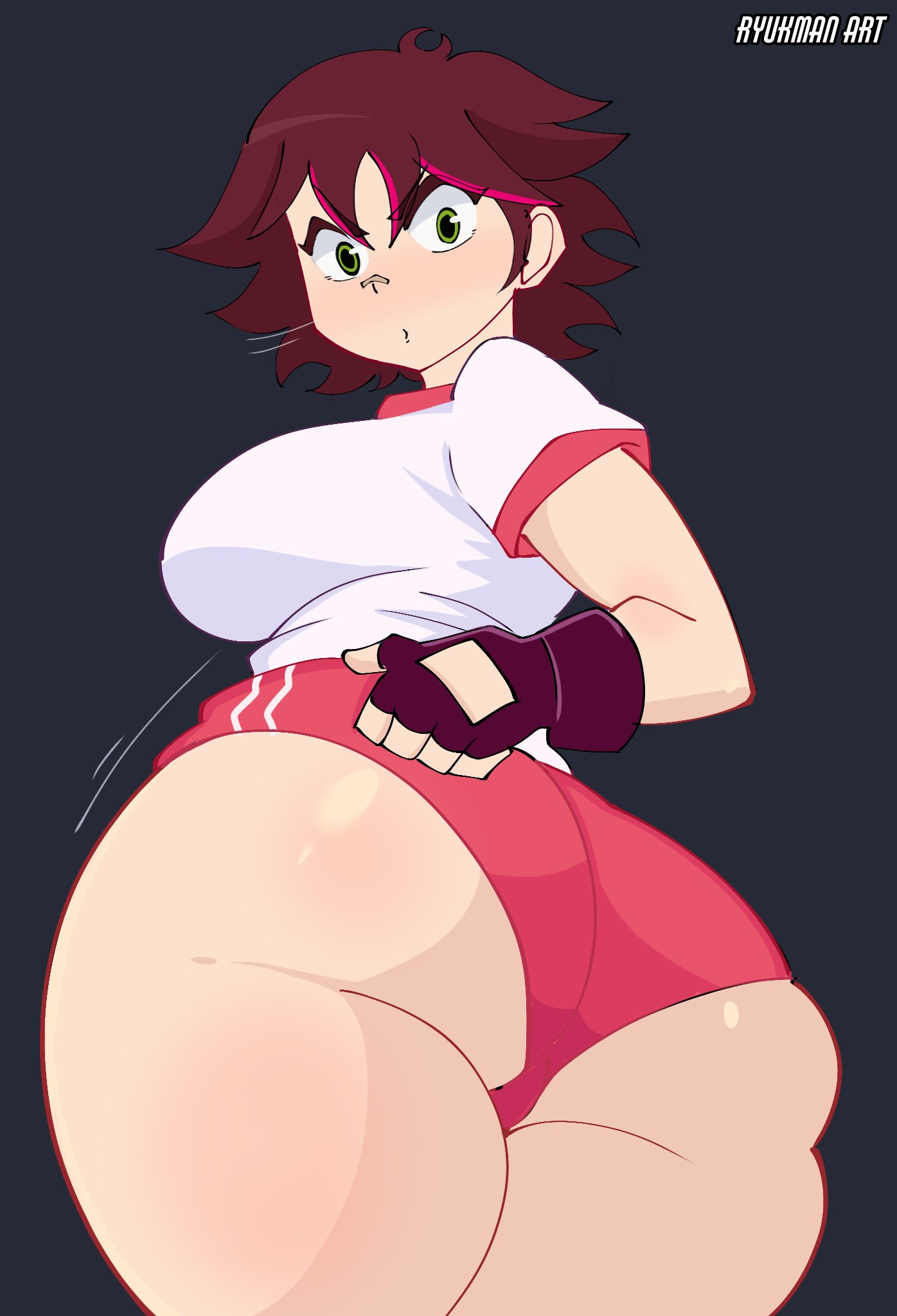 1girls, 2025, adjusting buruma, adjusting clothes, amanda bustamand, ass, bandaid, bandaid on nose, big ass, big breasts, breasts, brown hair, buruma, female, fingerless gloves, gloves, green eyes, gym uniform, large ass, large breasts, looking at viewer, looking back, medium hair, original, ryukman, standing, tagme, thick thighs, thighs, tight clothing, watermark