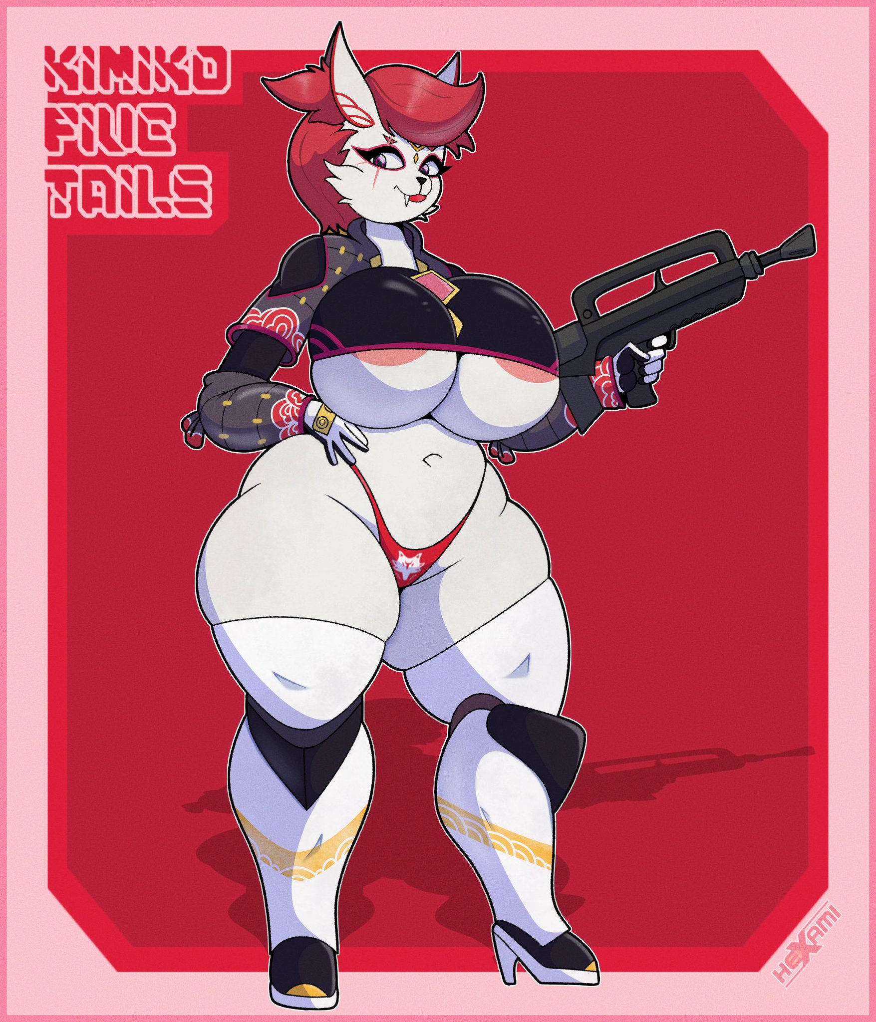 bimbiko, bimbo, bimbo lips, bimbo slut, boobs out, boots, boots without bottomwear, breasts, breasts out, famas, female, feminine, feminine body, feminine pose, fortnite, fortnite: battle royale, fox, fox girl, furry, furry female, furry only, hexami, high heel boots, high heels, holding object, holding weapon, kimiko (fortnite), kimiko five-tails, kitsune, kitsune girl, poking breasts, poking out, slut bitch, thighs, thighs waist, thin thong, thong, thong bikini, tiny thong