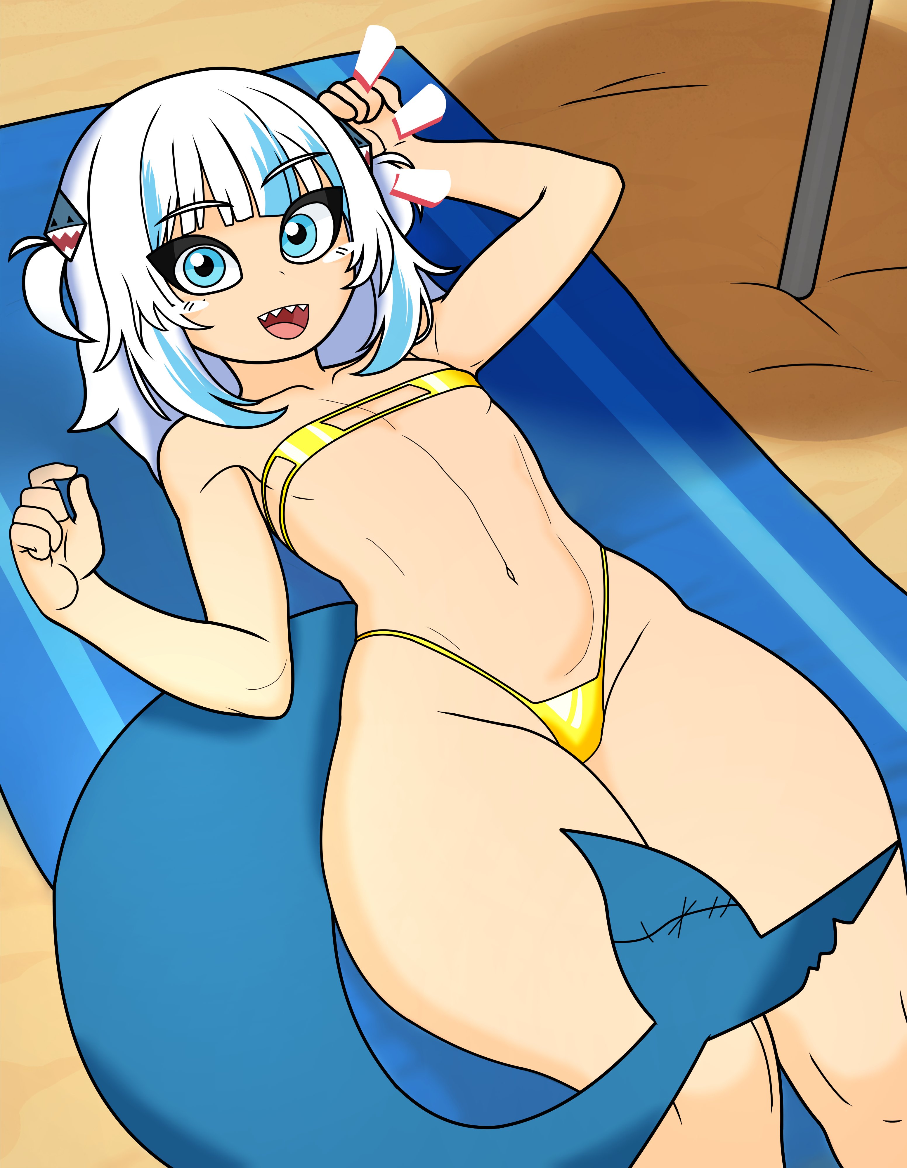 2d, 2d (artwork), absurd res, absurdres, beach, beach background, beach towel, beach umbrella, belly, bikini, bikini bottom, bikini top, blue eyes, bottom heavy, bottom heavy female, breasts, child bearing hips, eyebrows visible through hair, eyelashes, feet out of frame, female, fish tail, flat chest, flat chested, gawr gura, gold bikini, hair accessory, hair ornament, hololive, hololive english, hololive myth, lying on back, midriff, p1pperoni, pale skin, pale-skinned female, sand, shark, shark girl, shark humanoid, shark tail, sharp teeth, simple background, small bikini, small breasts, tagme, thick hips, thick legs, thick thighs, tiny breasts, tiny waist, toned, toned belly, toned body, toned female, toned stomach, towel, tummy, virtual youtuber, vtuber, vtuberfanart, vtubers, white hair, wide hips