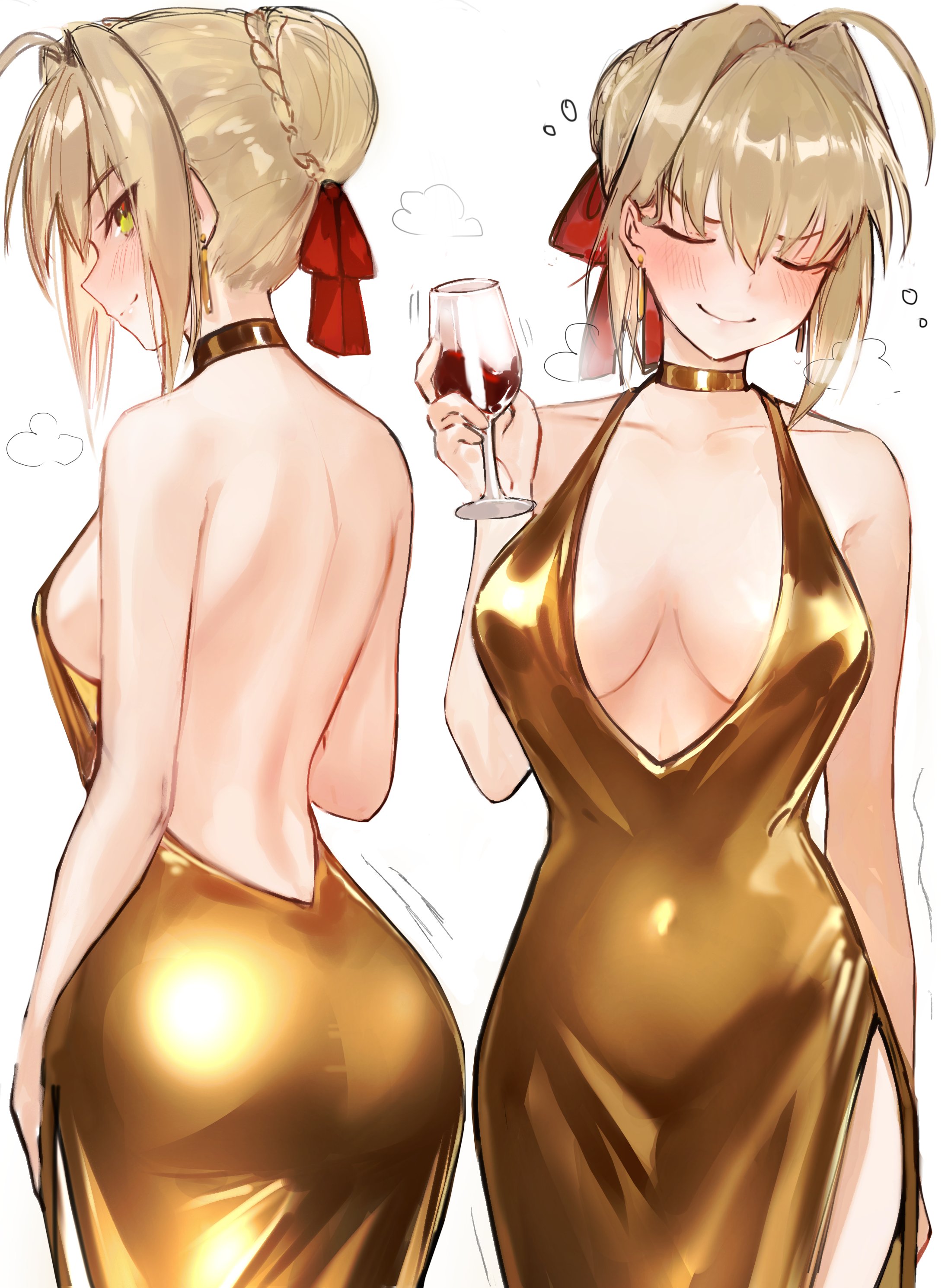 absurdres, ahoge, alcohol, ass, back, bare shoulders, blonde hair, blush, braid, breasts, choker, cleavage, cup, dress, drinking glass, fate (series), fate/extra, fate/grand order, female, gold dress, green eyes, hair bun, hair intakes, hair ribbon, highres, large breasts, long hair, looking at viewer, looking back, multiple views, nero claudius (fate), red ribbon, ribbon, smile, wine, wine glass, yotsutsu428
