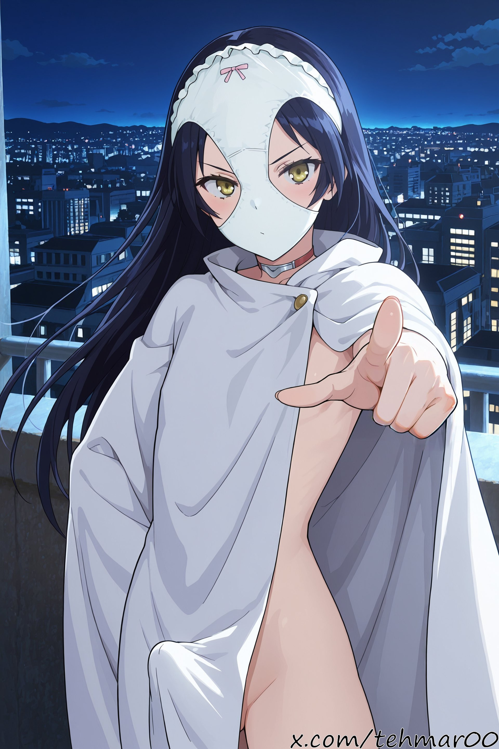 1boy, ai generated, black hair, bulge, cape, choker, city, cityscape, cowboy shot, femboy, genderswap (ftm), kajou ayame, long hair, looking at viewer, male, male only, mask, night, night sky, outdoors, panties, panties on head, penis, penis under clothes, pointing at viewer, rule 63, shimoneta to iu gainen ga sonzai shinai taikutsu na sekai, sky, solo, standing, tagme, tehmar, trans woman, transfem, trap, white panties, yellow eyes