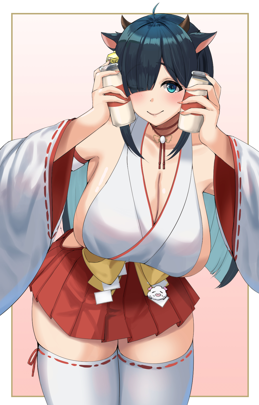 ahoge amano_nene_(vtuber) amano_nene_(vtuber)_(shrine_maiden) animal_ears black_hair blue_eyes blue_hair bottle breasts cleavage closed_mouth colored_inner_hair commission cow_ears cow_horns ear_tag eyes_visible_through_hair female highres horns large_breasts milk_bottle multicolored_hair nontraditional_miko one_eye_closed pink_nails pleated_skirt production_kawaii red_skirt skeb_commission skirt smile solo thighhighs twitter valfer virtual_youtuber white_sleeves white_thighhighs wide_sleeves youtube