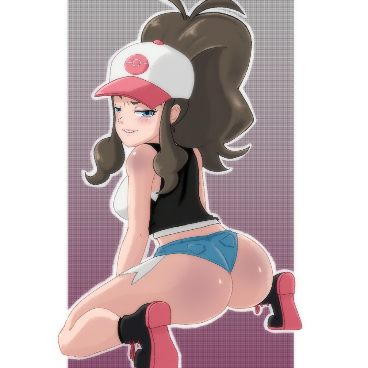 1girls, ass, ass focus, ass hanging out of shorts, blush, breasts, brown hair, cleavage, female, female only, gomi draws, hat, hilda (pokemon), looking at viewer, nintendo, pokemon, short shorts, shorts, simple background, solo, solo female, tagme
