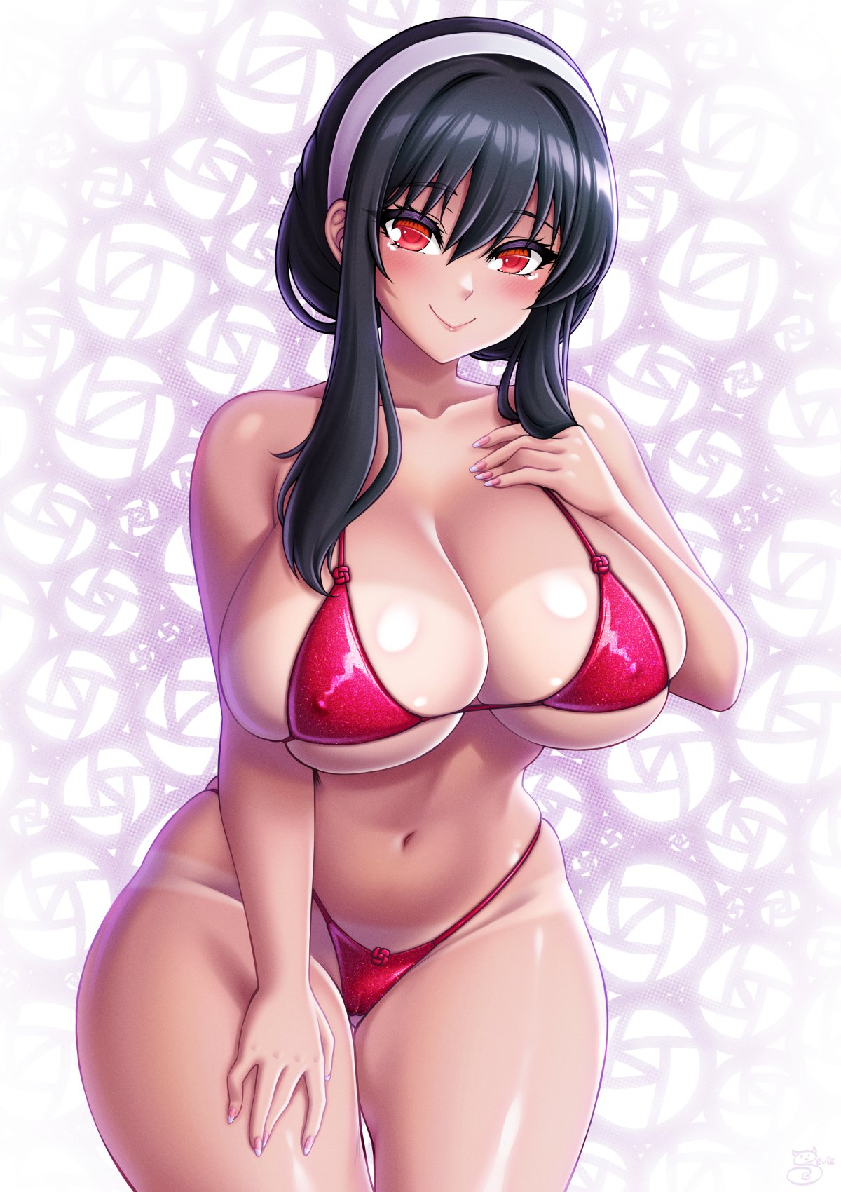 1girls bikini black_hair breasts female female_only large_breasts light-skinned_female light_skin looking_at_viewer red_eyes sevie solo spy_x_family swimsuit thick_thighs thighs wide_hips yor_briar yor_forger