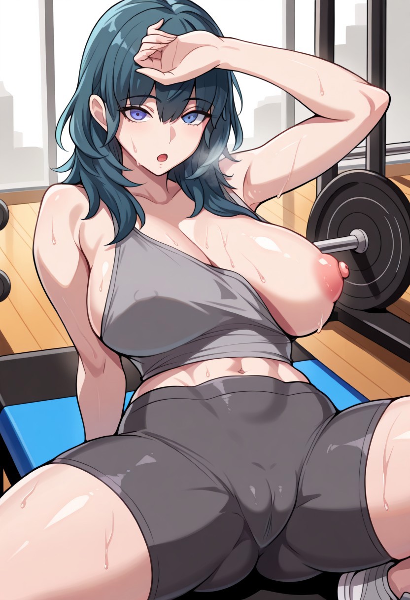 ai_generated breasts_out byleth_(fire_emblem) byleth_(fire_emblem)_(female) cameltoe civitai fire_emblem fire_emblem:_three_houses gym gym_uniform large_breasts off_shoulder puffy_nipples sweat tagme tits_out