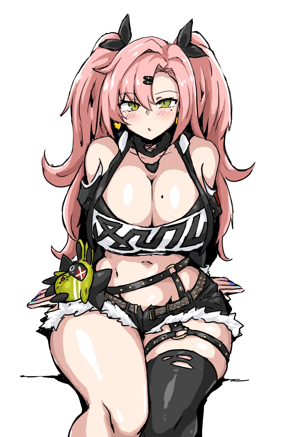 amillion_(zenless_zone_zero) bare_shoulders belt black_ribbon black_shorts black_thighhighs blush breasts cleavage crop_top earrings female fur-trimmed_shorts fur_trim geist43195783 green_eyes hair_ornament hair_ribbon hairclip heart heart_earrings heart_necklace highres jewelry large_breasts long_hair looking_at_viewer midriff mole mole_on_breast multicolored_nails navel necklace nicole_demara o-ring o-ring_belt parted_bangs parted_lips pink_hair ribbon short_shorts shorts simple_background single_thighhigh sitting solo thighhighs two_side_up white_background zenless_zone_zero