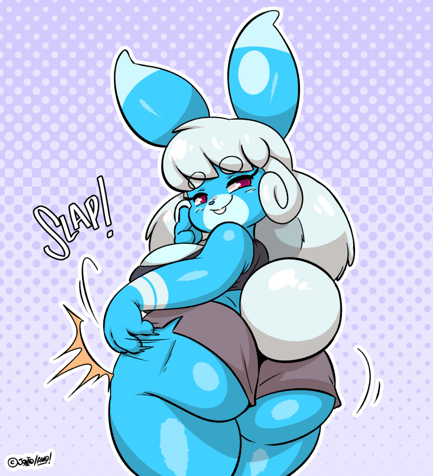 2021 anthro ass bbw big_butt blue_body blue_fur buckteeth chubby chubby_female clothed clothing digital_media_(artwork) dotted_background female furry furry_only hair hi_res joaoppereiraus lagomorph leporid long_hair looking_at_viewer looking_back mammal onomatopoeia pattern_background pixels_bunni rabbit red_eyes signature simple_background smile smug solo solo_female sound_effects spanking teeth text thick_thighs white_hair